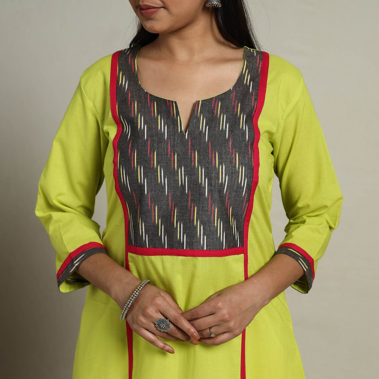 Ikat Mosaic Fusion A-Line Plain Cotton Green Kurta for Women