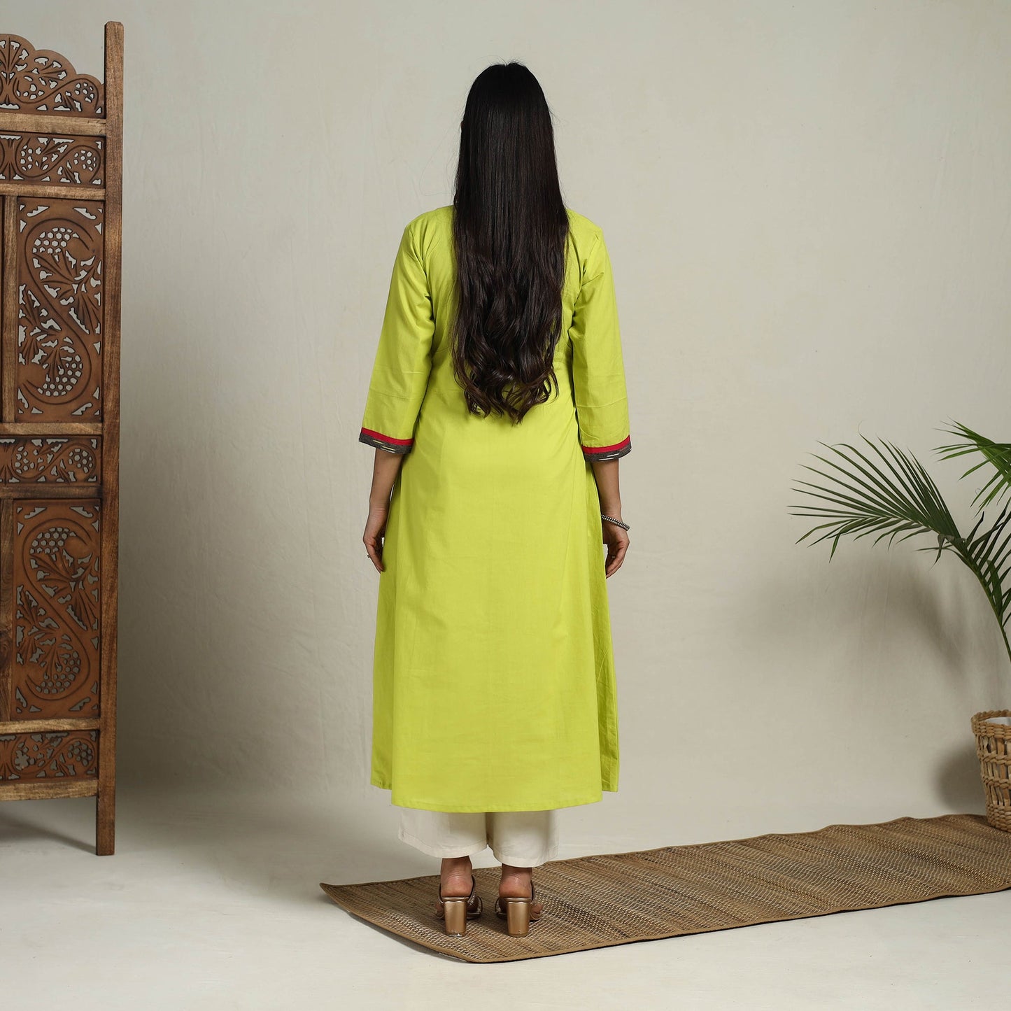 Ikat Mosaic Fusion A-Line Plain Cotton Green Kurta for Women