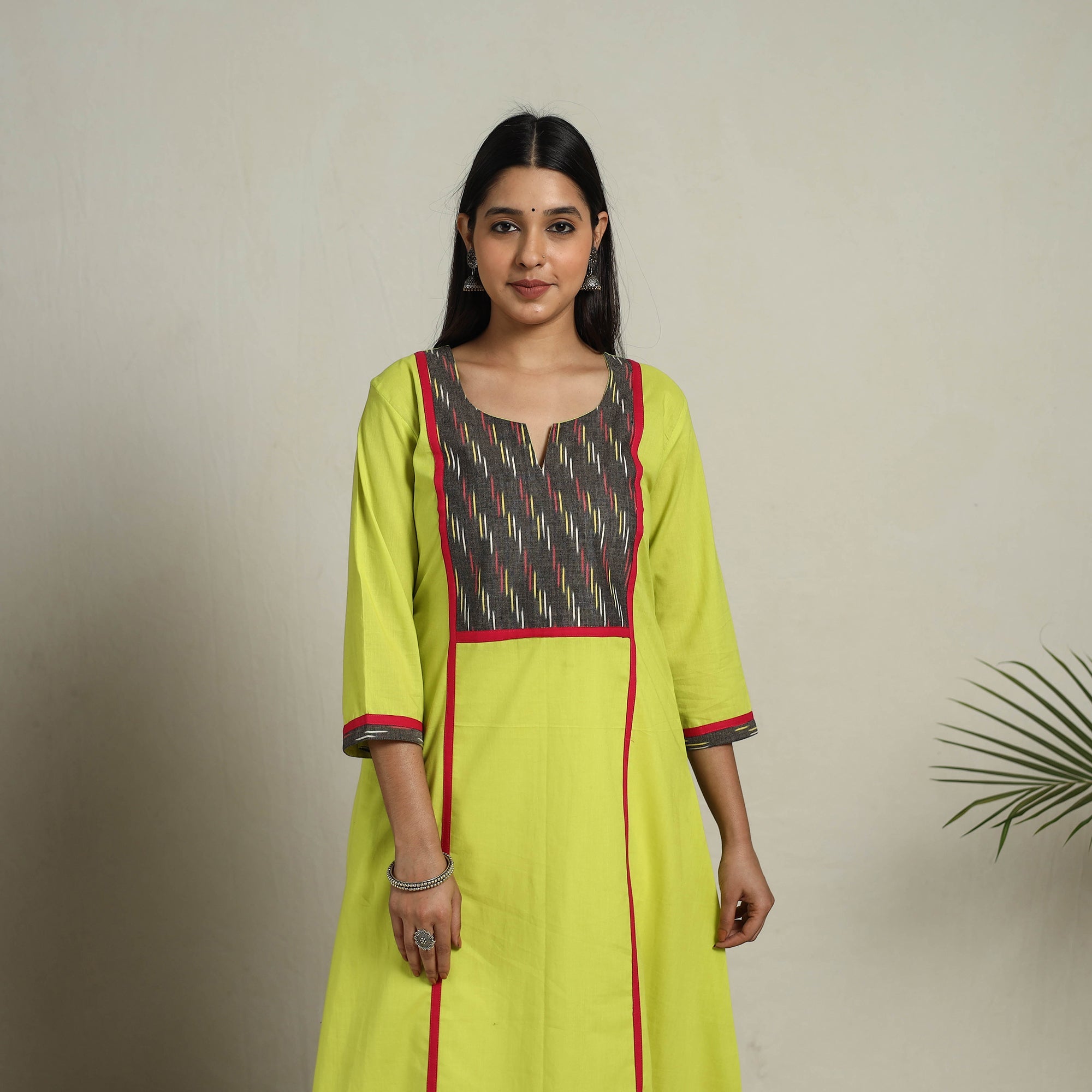 Green - Ikat Mosaic Fusion A-Line Plain Cotton Long Kurta