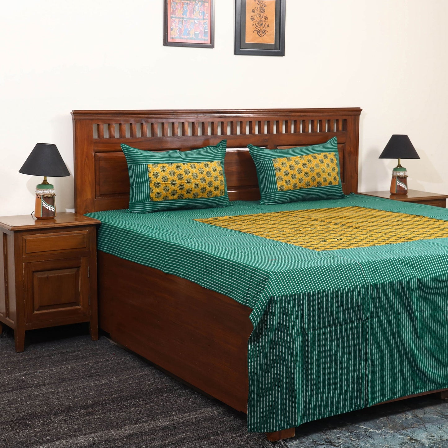 Green Jacquard with Ajrakh Modal Silk Patch Cotton Bedsheet Set
