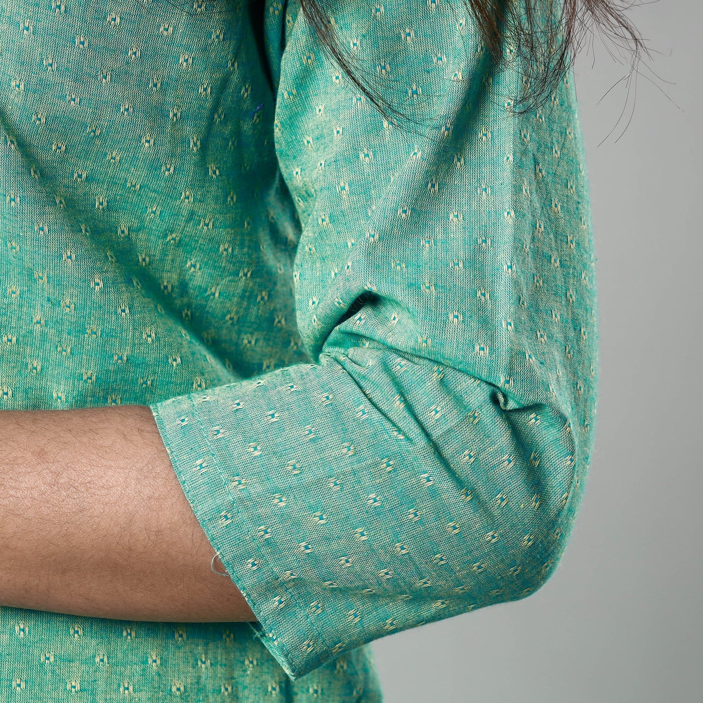 Mint green jacquard cotton long kurta - handcrafted