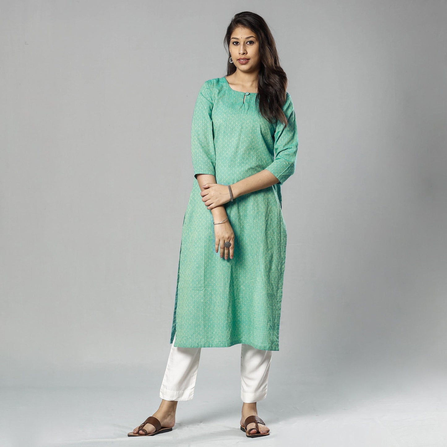 Mint green jacquard cotton long kurta - handcrafted