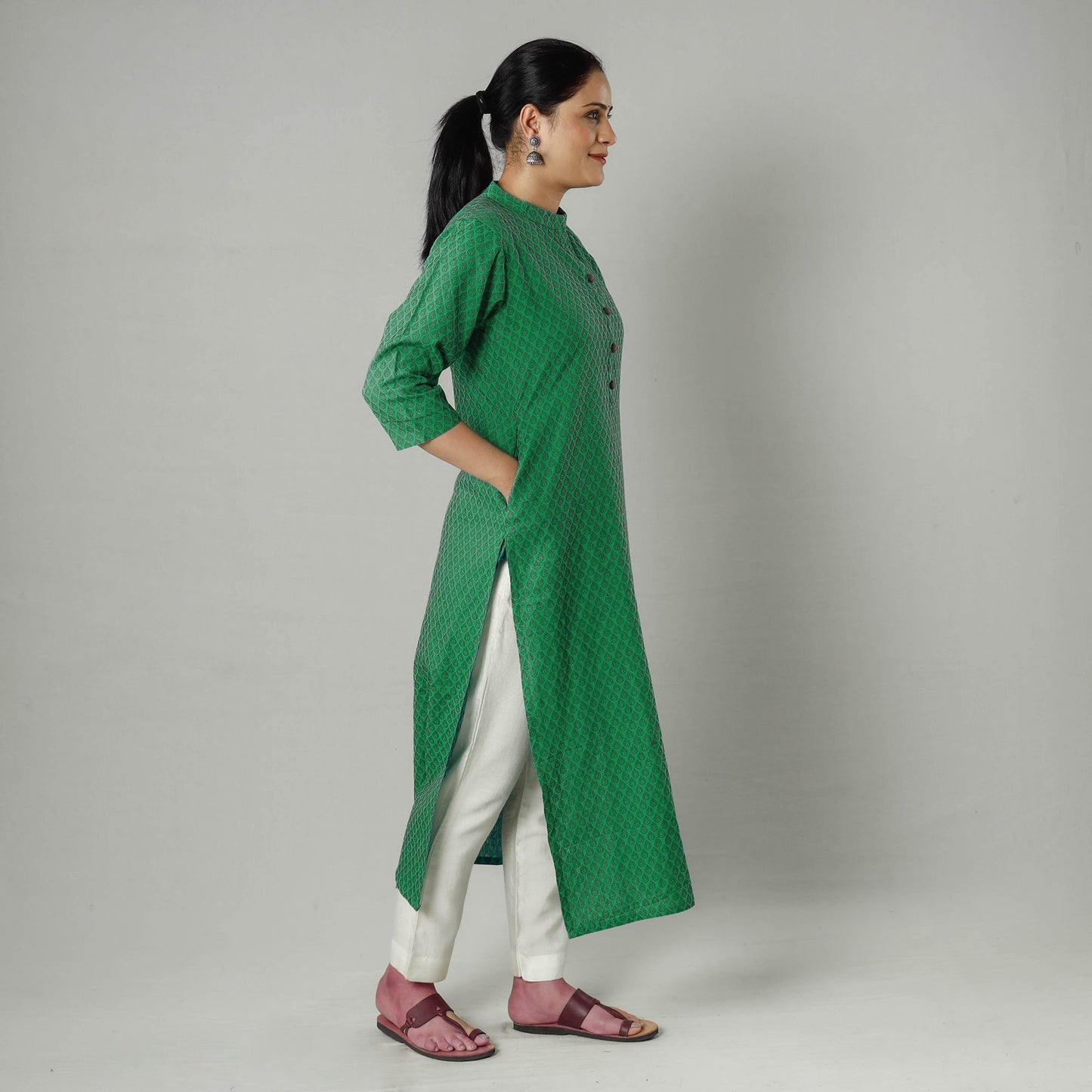 Green jacquard cotton long kurta - handcrafted