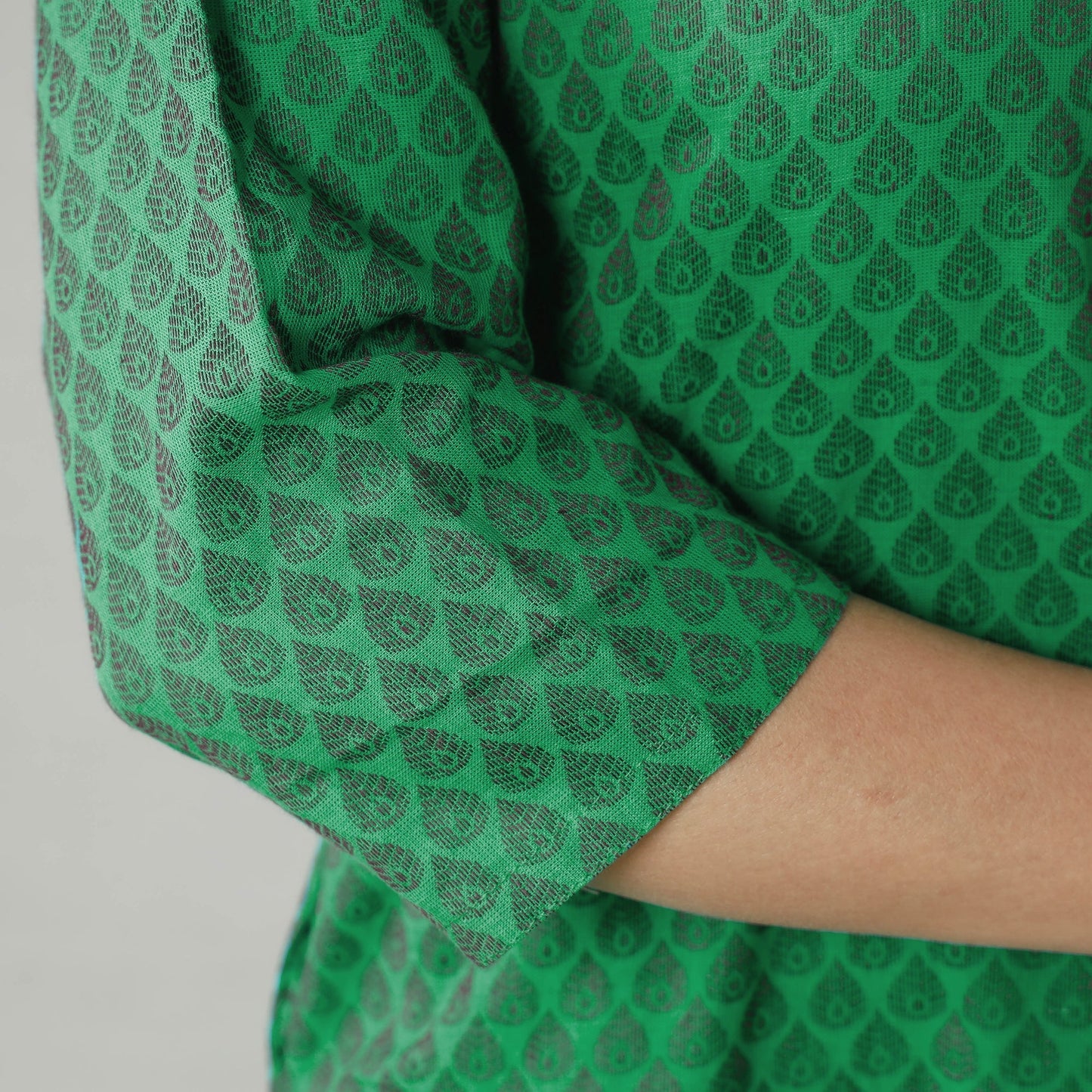 Green jacquard cotton long kurta - handcrafted