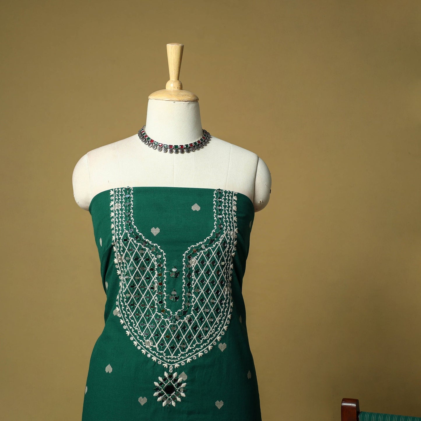 Jacquard mirror work embroidered cotton 3pc unstitched