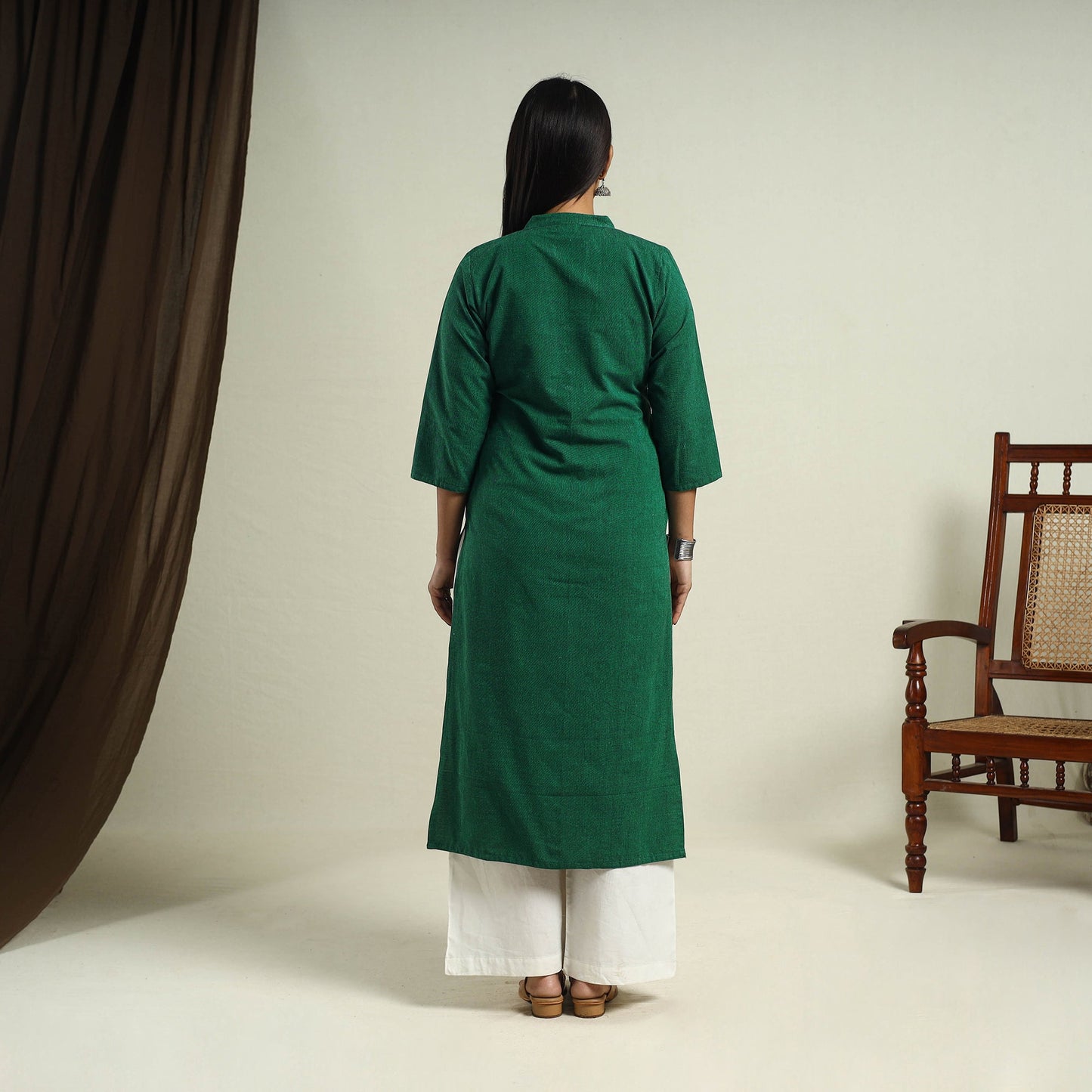 Green Jhiri Handloom Straight Cotton Kurta for Women