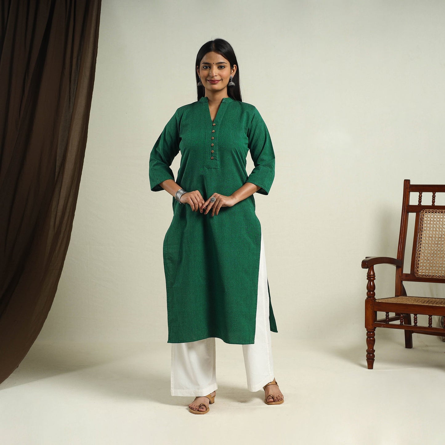 Green Jhiri Handloom Straight Cotton Kurta for Women