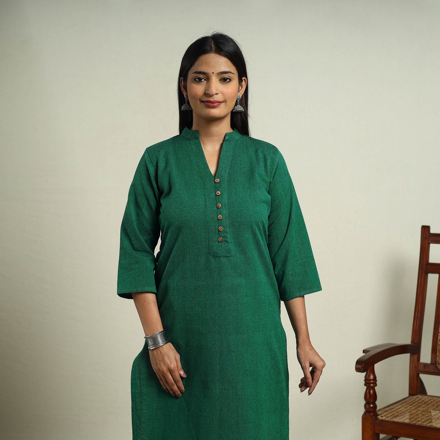 Green Jhiri Handloom Straight Cotton Kurta for Women