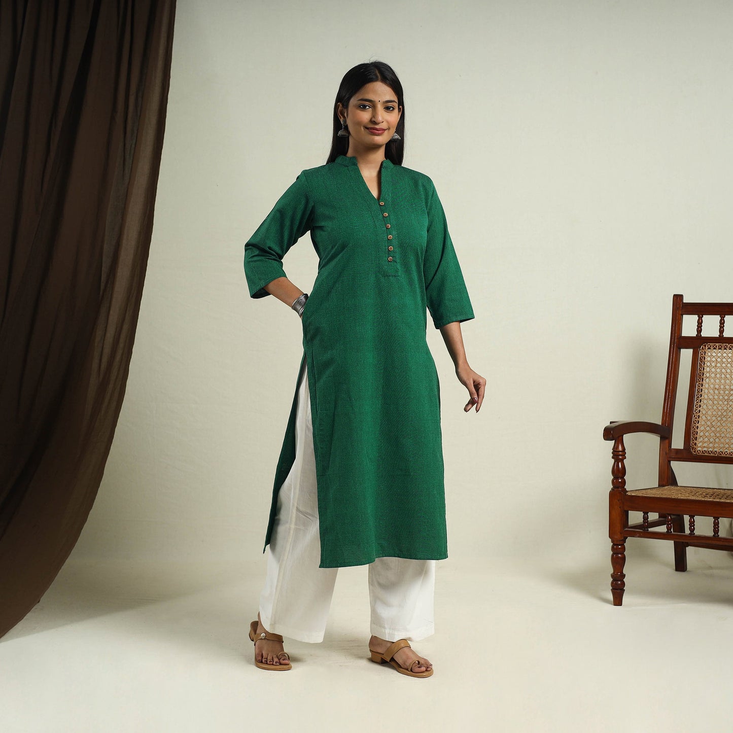 Green Jhiri Handloom Straight Cotton Kurta for Women