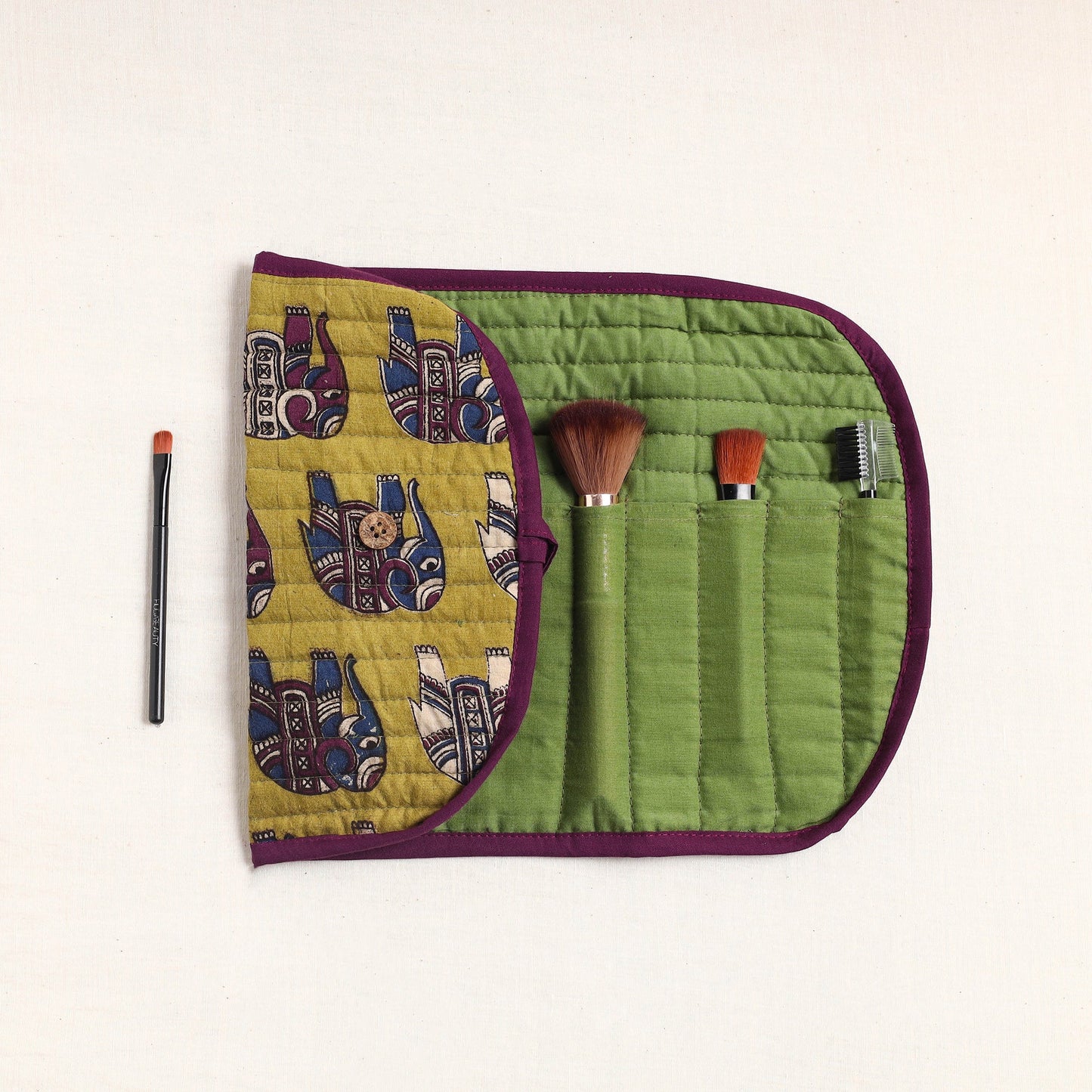 Kalamkari Fabric Multipurpose Segmented Make-up Brush Wrap Pouch/Case