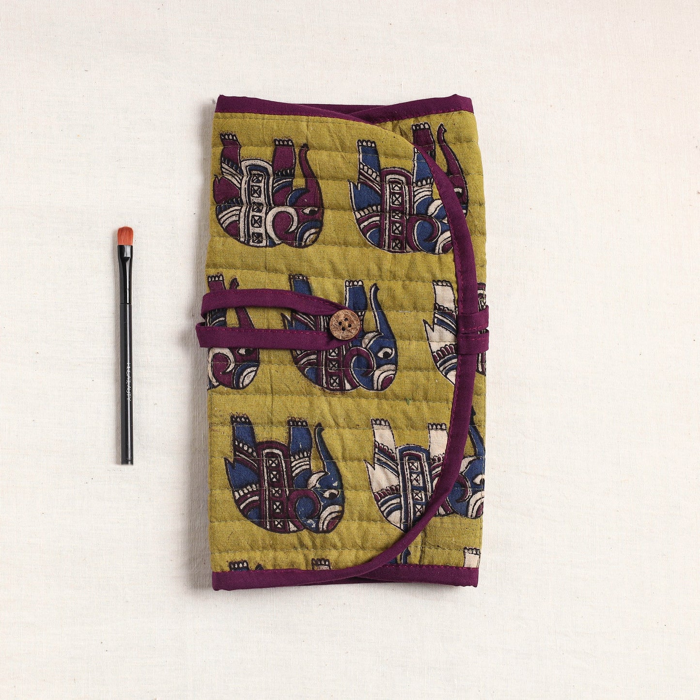 Kalamkari Fabric Multipurpose Segmented Make-up Brush Wrap Pouch/Case