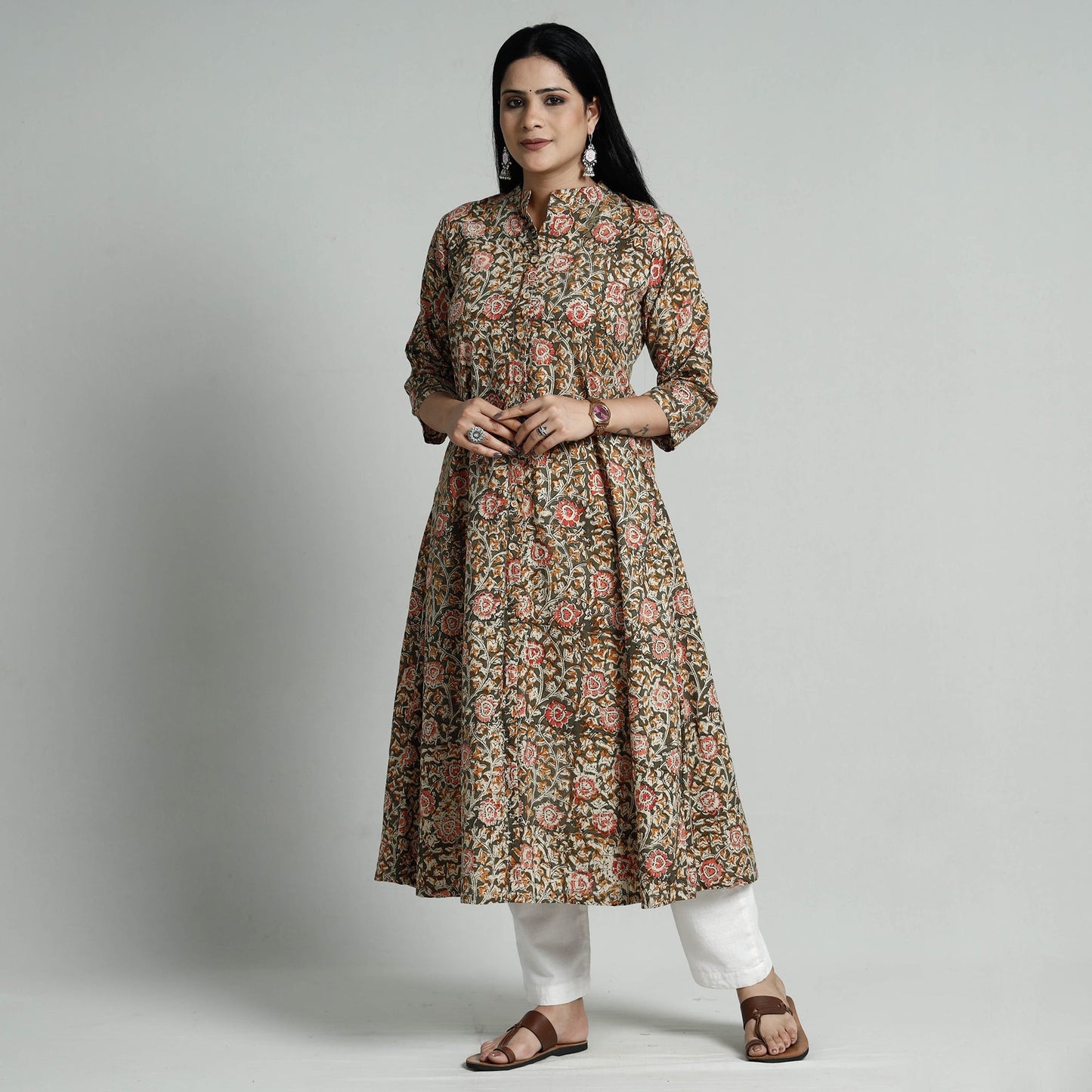 Buy Kalamkari Hand Block Printed Cotton Long Kurta For Women