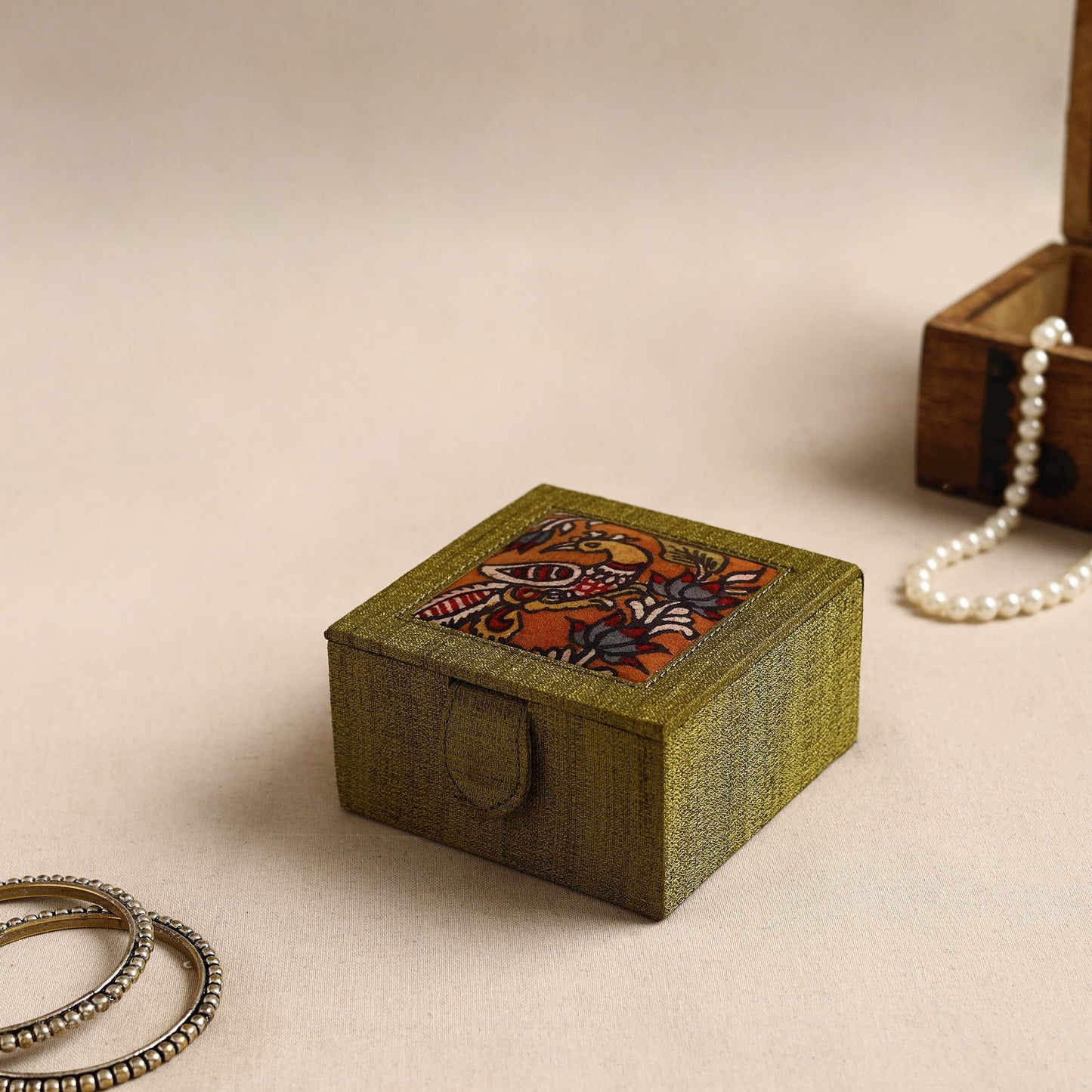 Green Kalamkari Handpainted Ghicha Silk Bangle Box (Small)