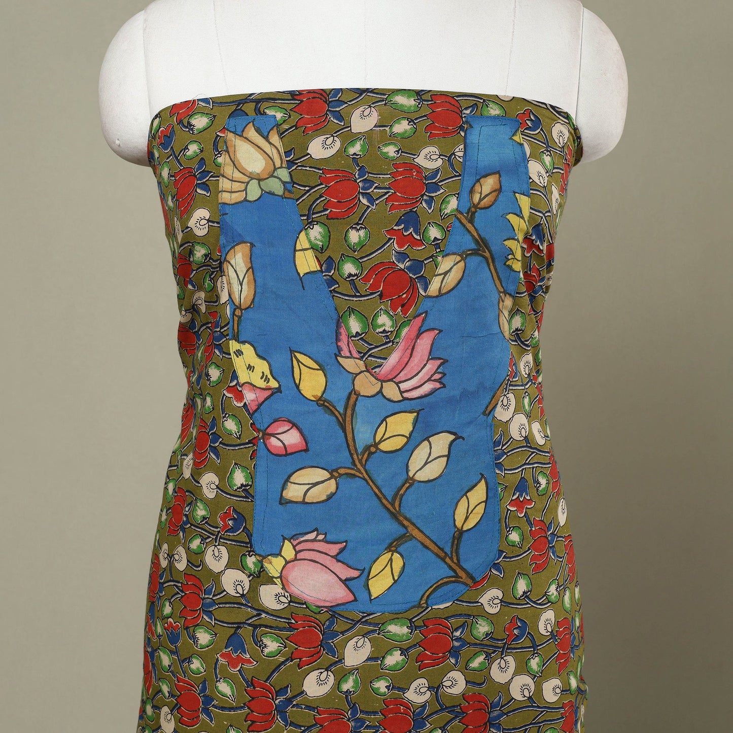 Buy Green Kalamkari Print Patchwork Cotton Kurta Material