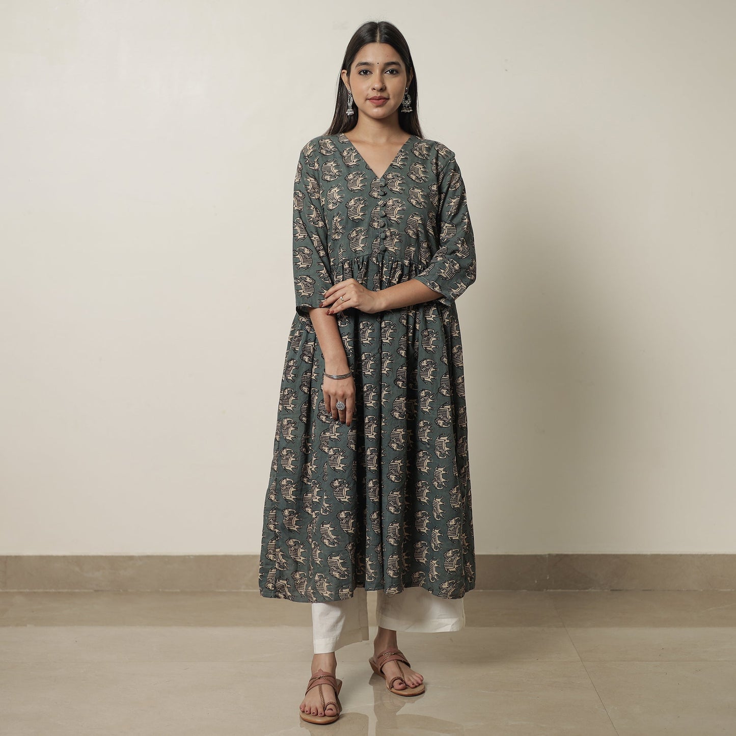 Kalamkari Printed Cotton Flared Kurta For Women