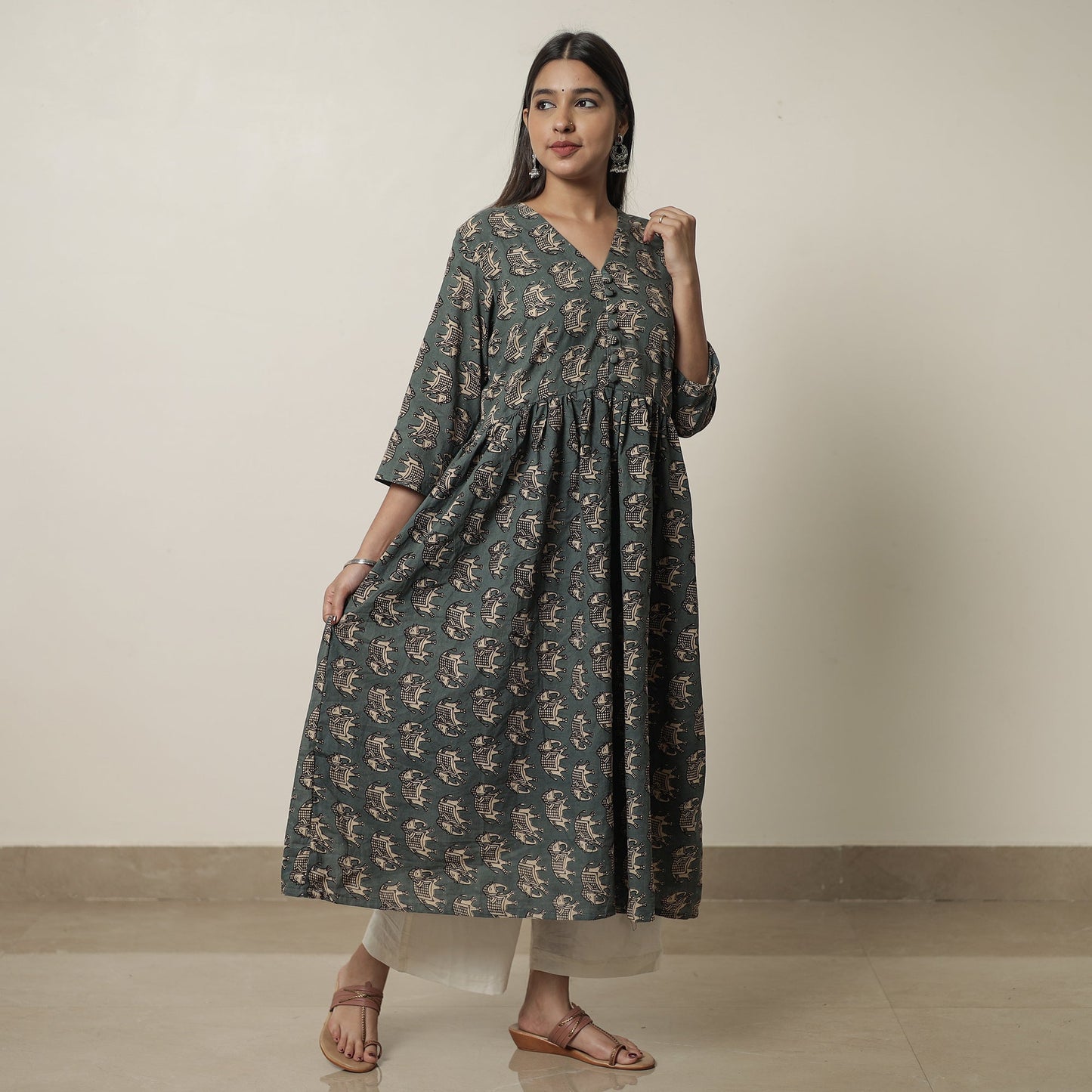 Kalamkari Printed Cotton Flared Kurta For Women