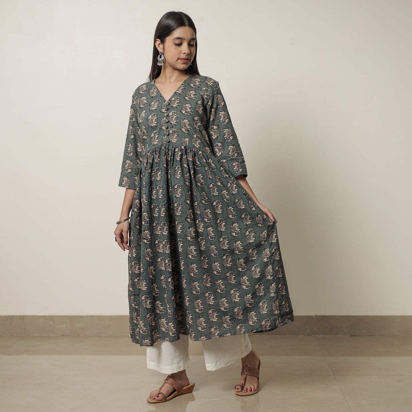 Kalamkari Printed Cotton Flared Kurta For Women