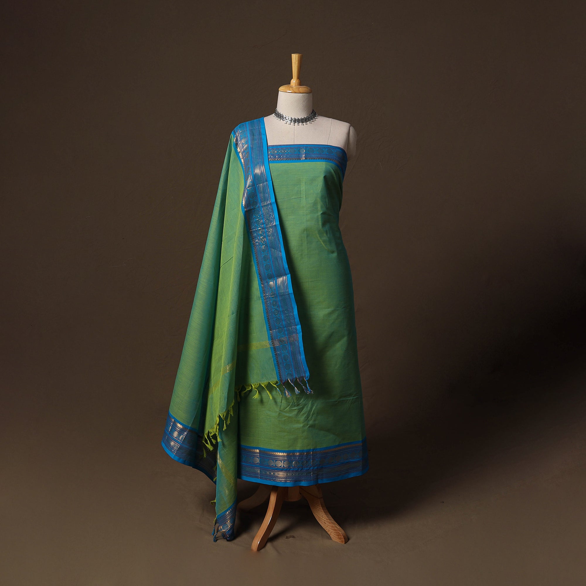 Green Kandangi Chettinad Cotton 2pc Unstitched Dress Material Suit Set