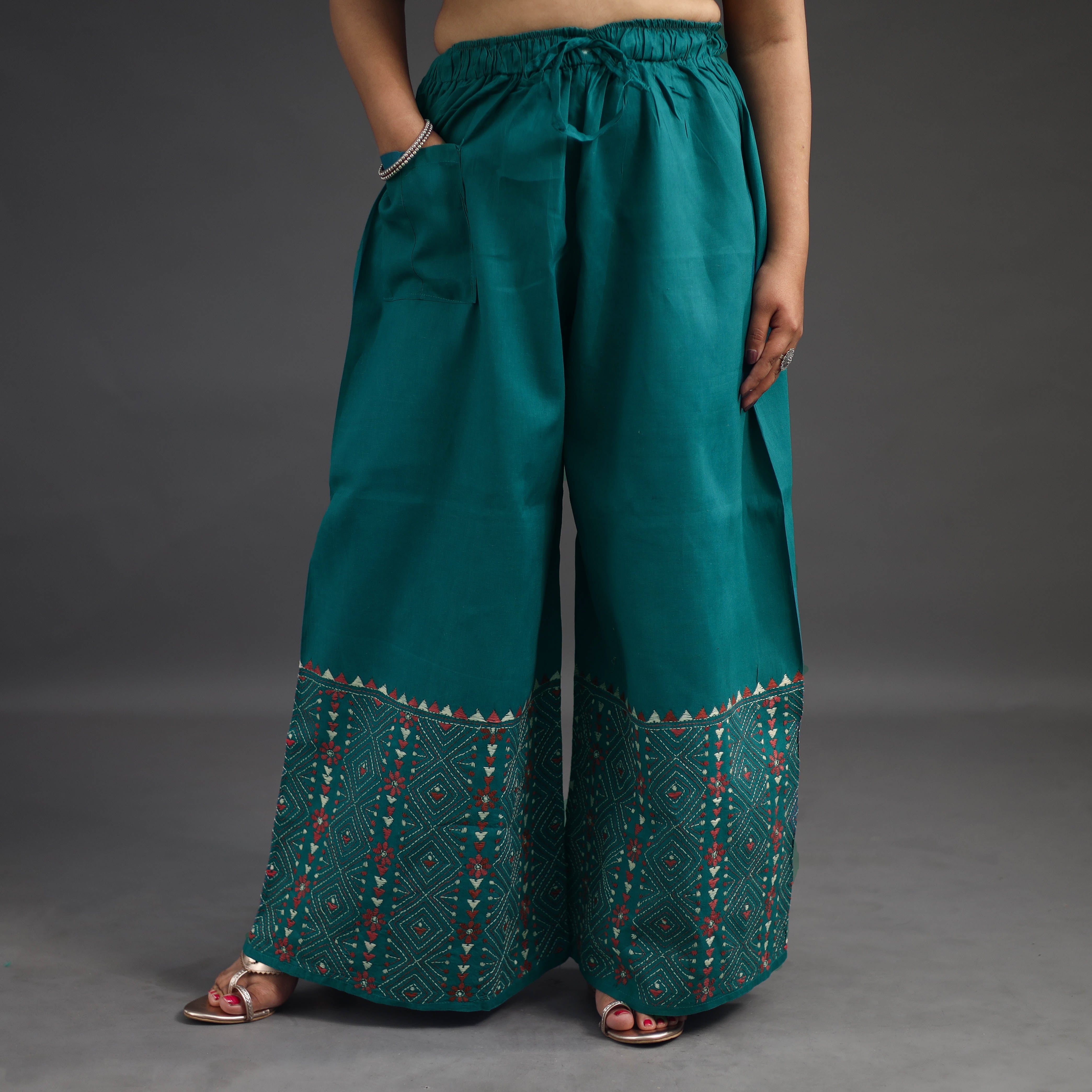Light Green - Kantha Hand Embroidery Palazzo in Cotton 88