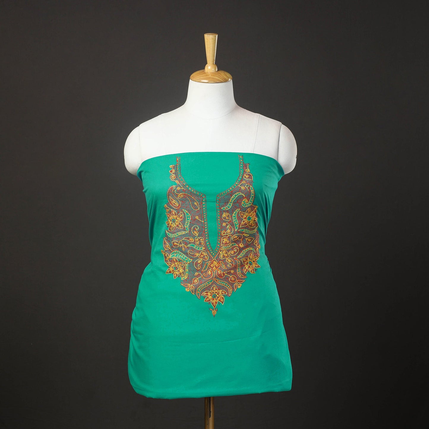 Green Kashida Hand Embroidery Cotton Kurta Material
