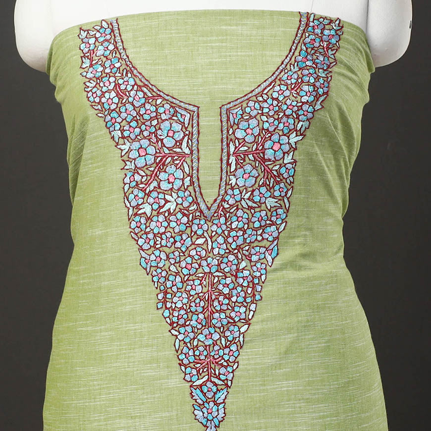 Green - kashida hand embroidery cotton unstitched kurta