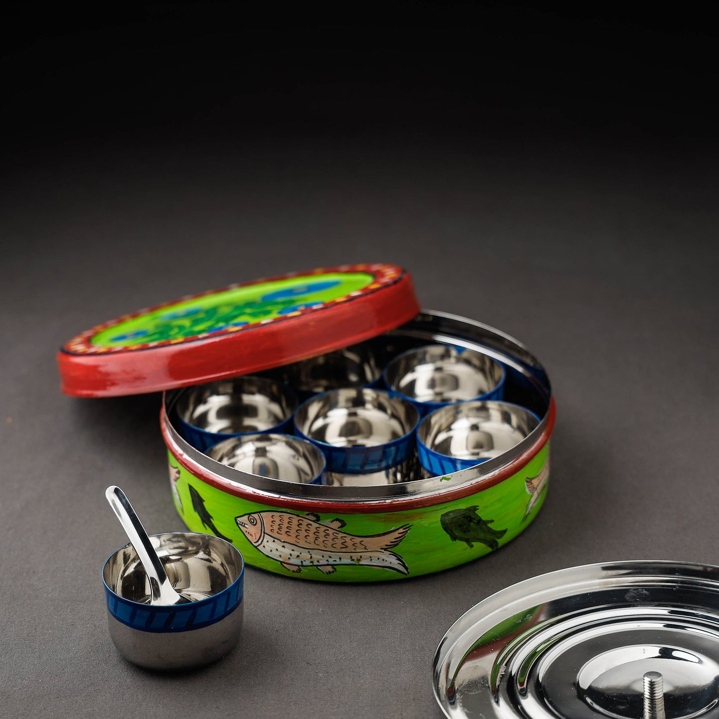 Kavad Handpainted Stainless Steel Green Masala Box