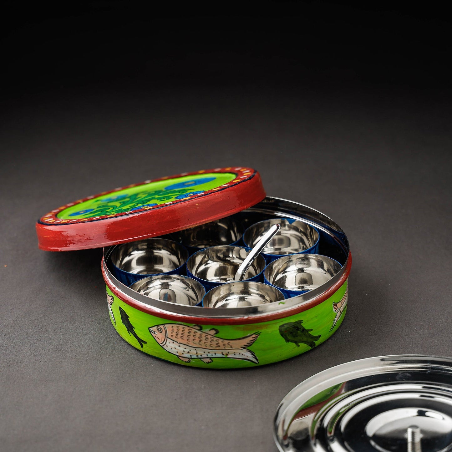 Kavad Handpainted Stainless Steel Green Masala Box