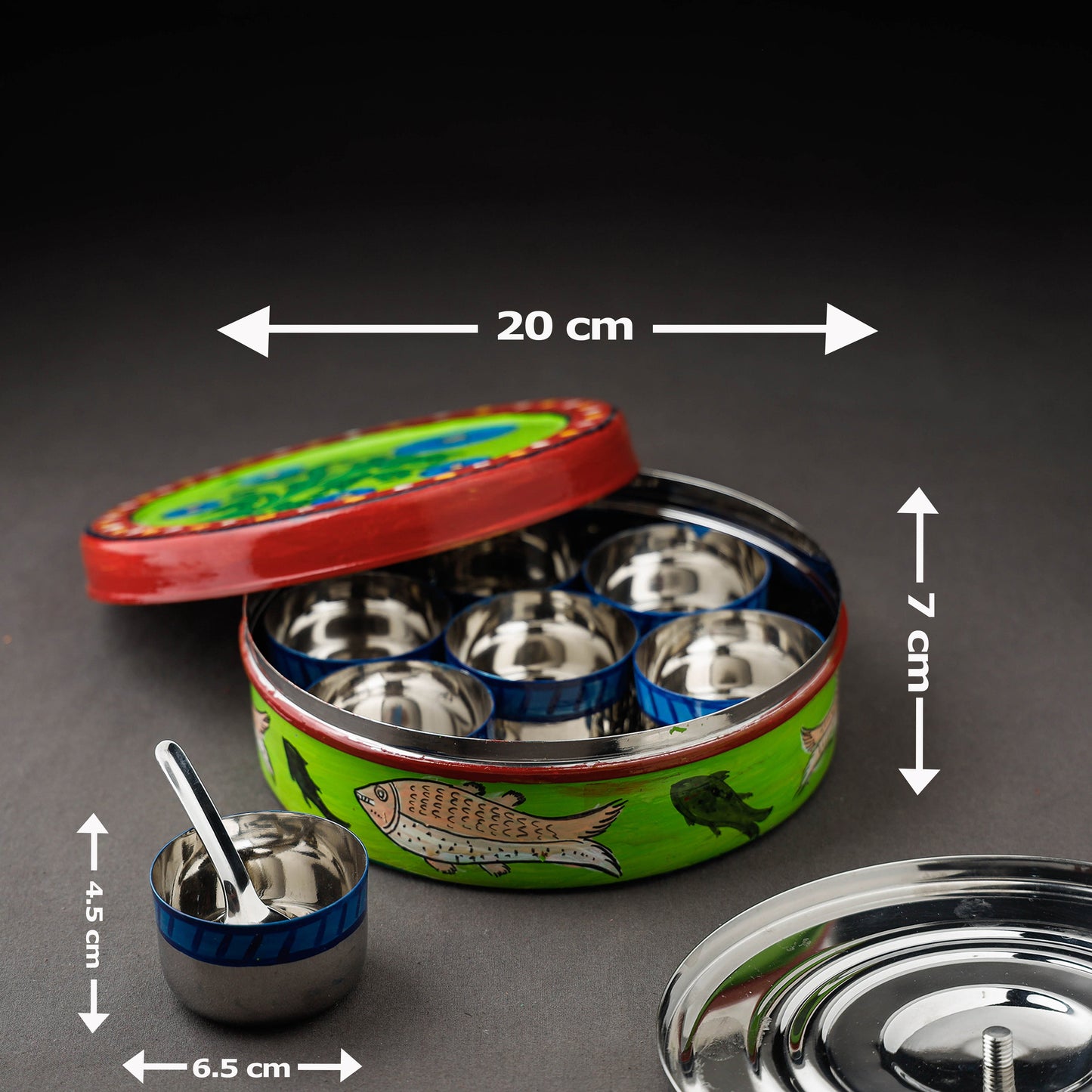 Kavad Handpainted Stainless Steel Green Masala Box