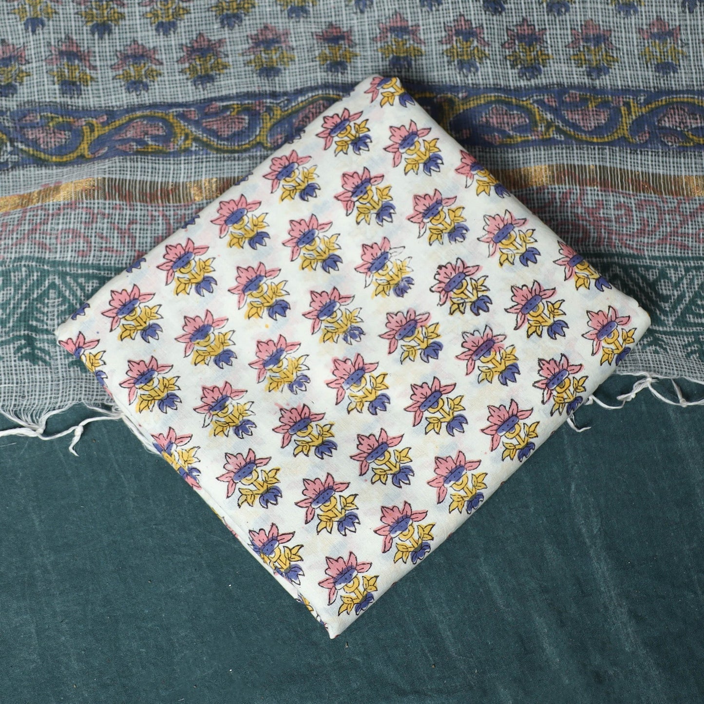 Kota doria cotton hand block sanganeri print 3pc unstitched