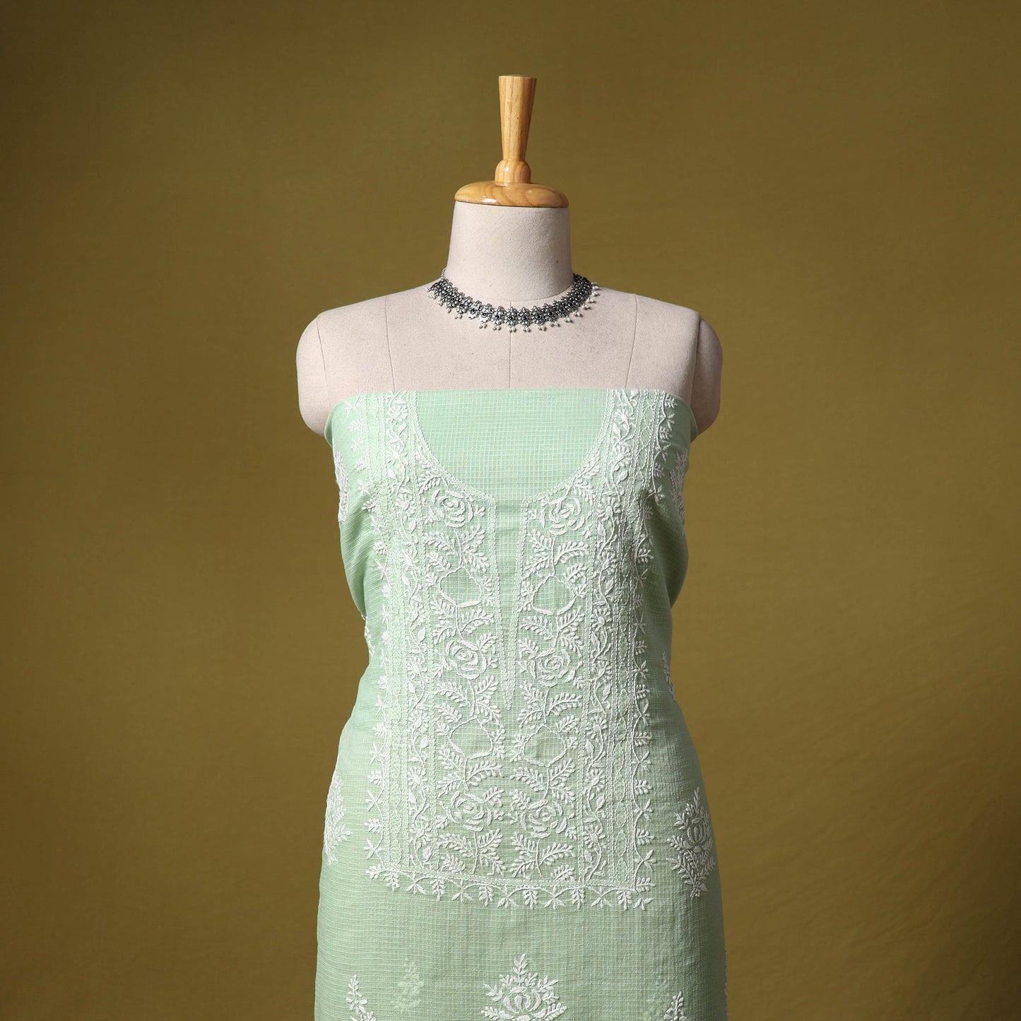 Green - kota doria cotton lucknow chikankari 2pc unstitched