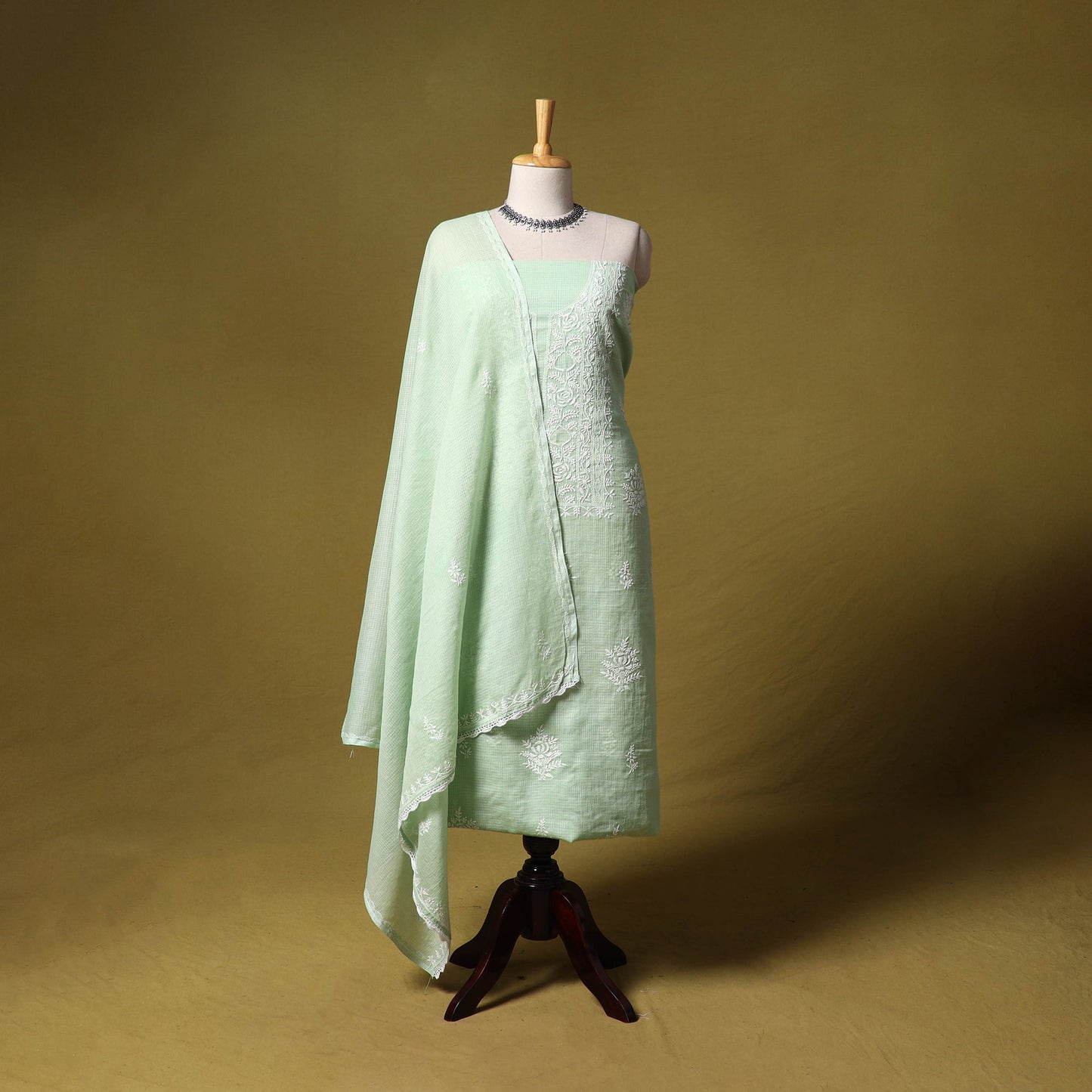 Green - kota doria cotton lucknow chikankari 2pc unstitched