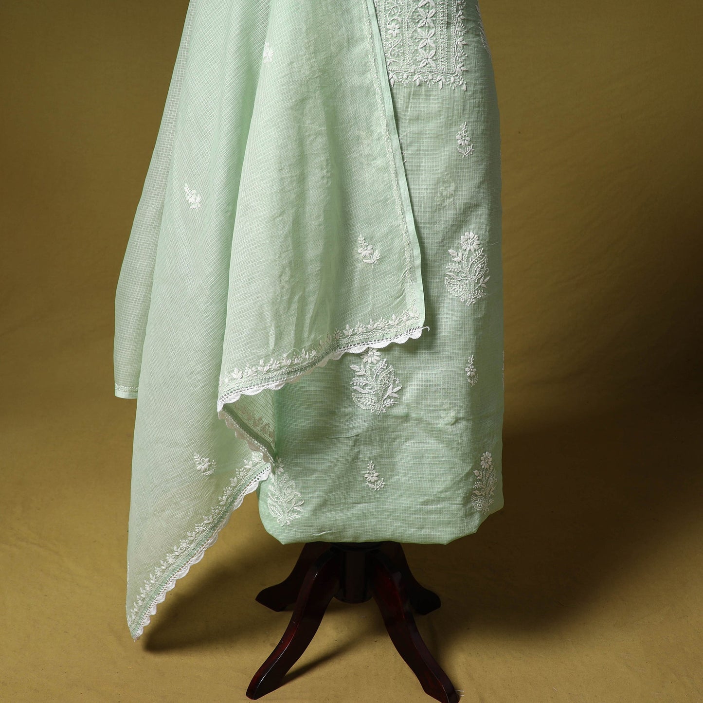 Green - kota doria cotton lucknow chikankari 2pc unstitched