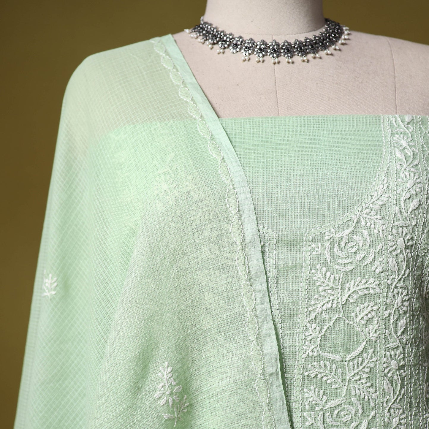 Green - kota doria cotton lucknow chikankari 2pc unstitched