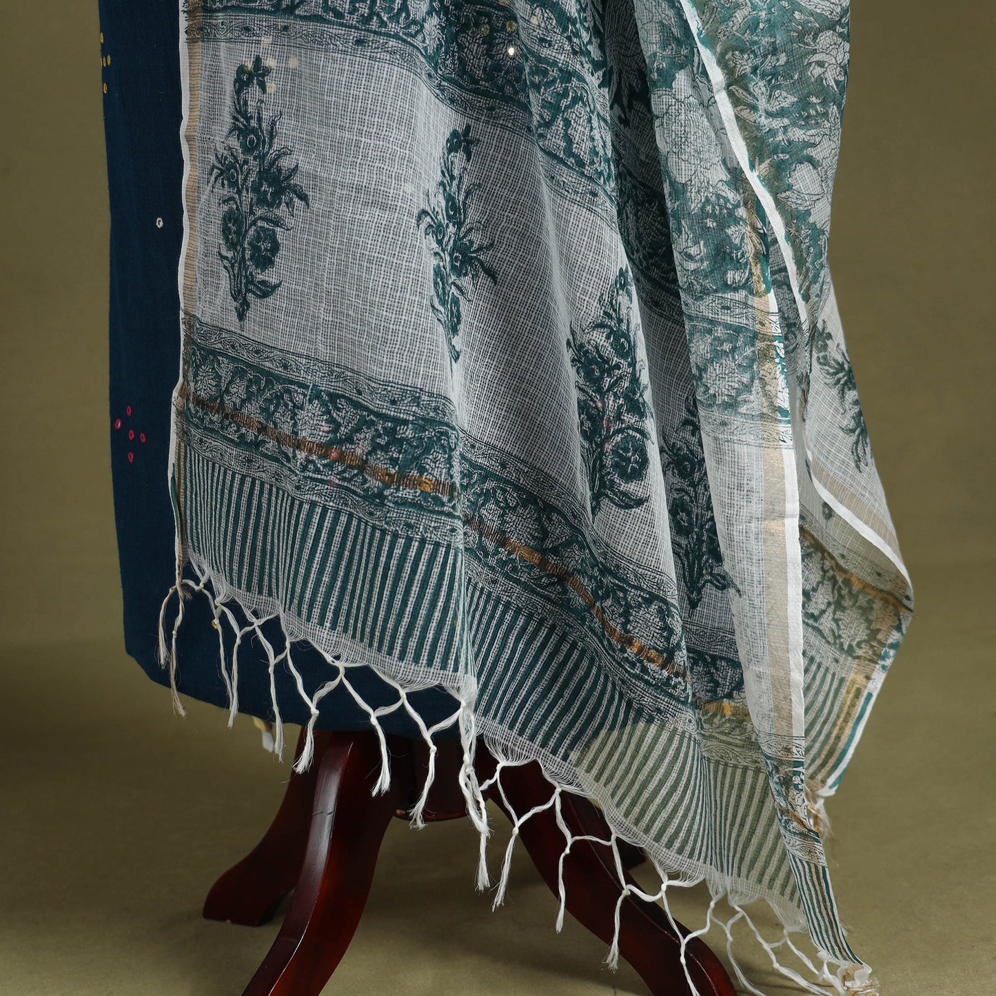 Green Block Print Kota Doria Cotton Sanganeri Floral Dupatta