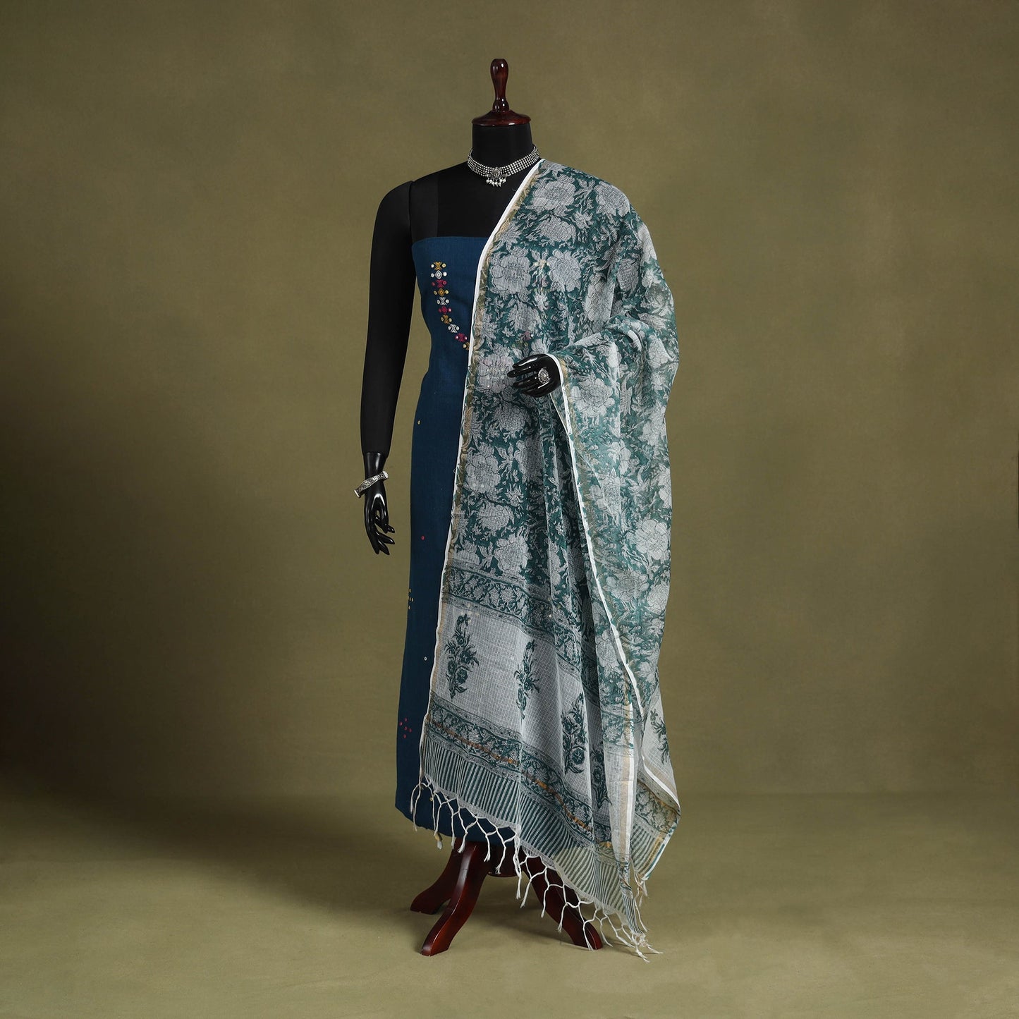 Green Block Print Kota Doria Cotton Sanganeri Floral Dupatta