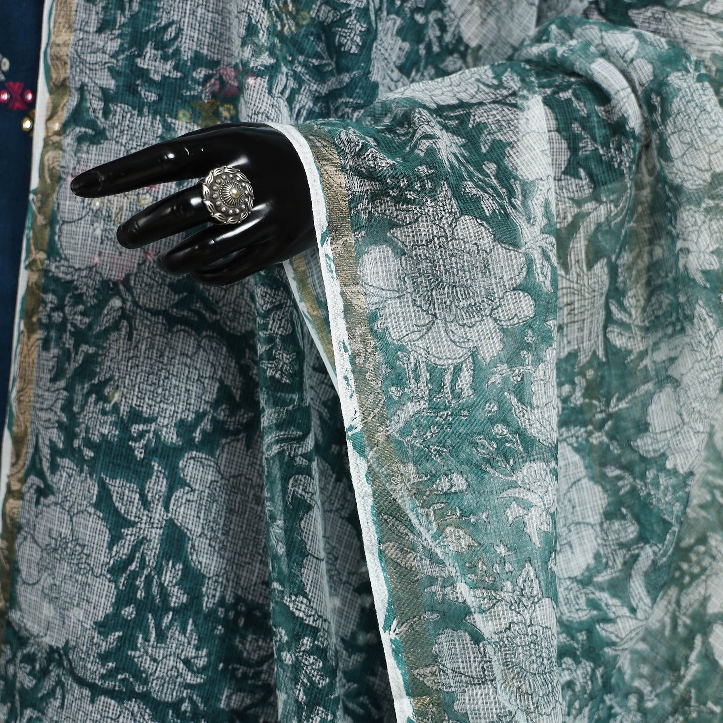 Green Block Print Kota Doria Cotton Sanganeri Floral Dupatta