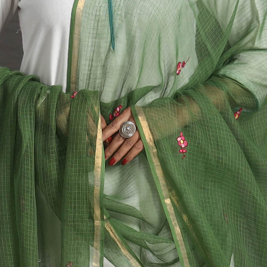 Green Kota Doria Silk Cotton Kashida Embroidery Dupatta