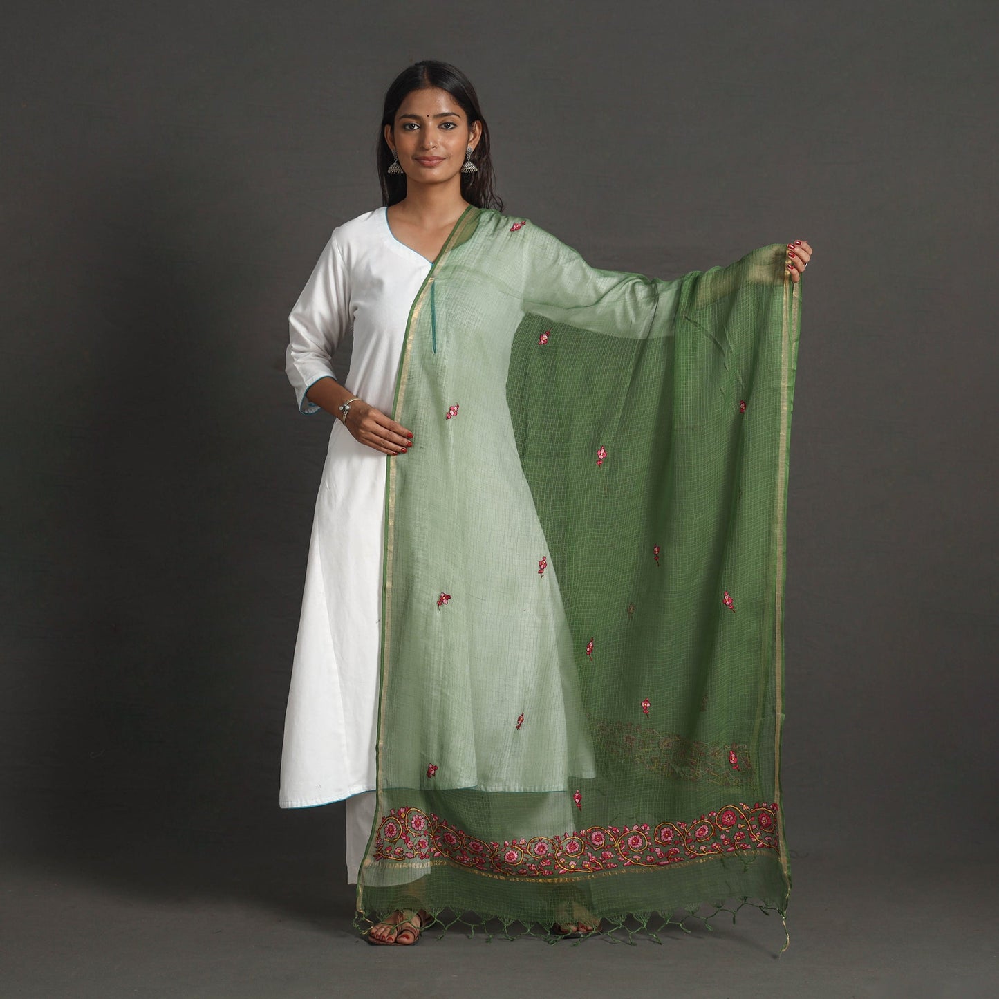 Green Kota Doria Silk Cotton Kashida Embroidery Dupatta