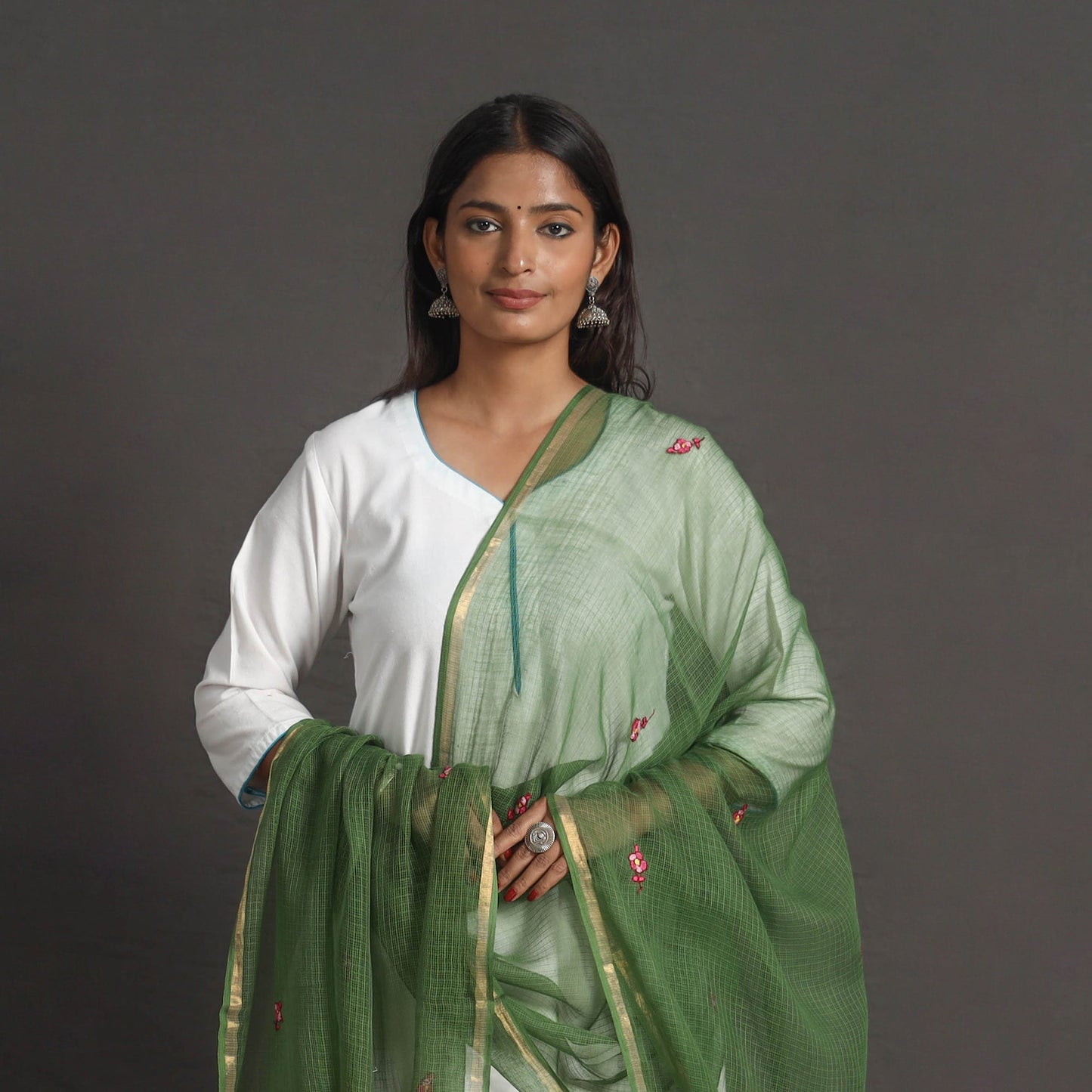 Green Kota Doria Silk Cotton Kashida Embroidery Dupatta