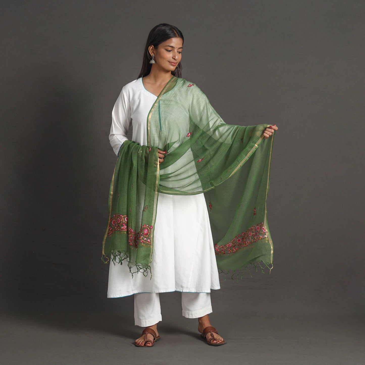 Green Kota Doria Silk Cotton Kashida Embroidery Dupatta