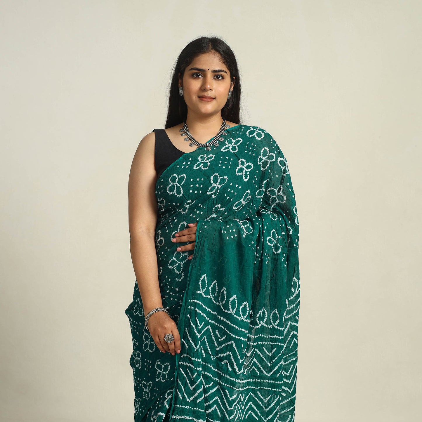 Green - kutch bandhani tie-dye cotton saree with blouse