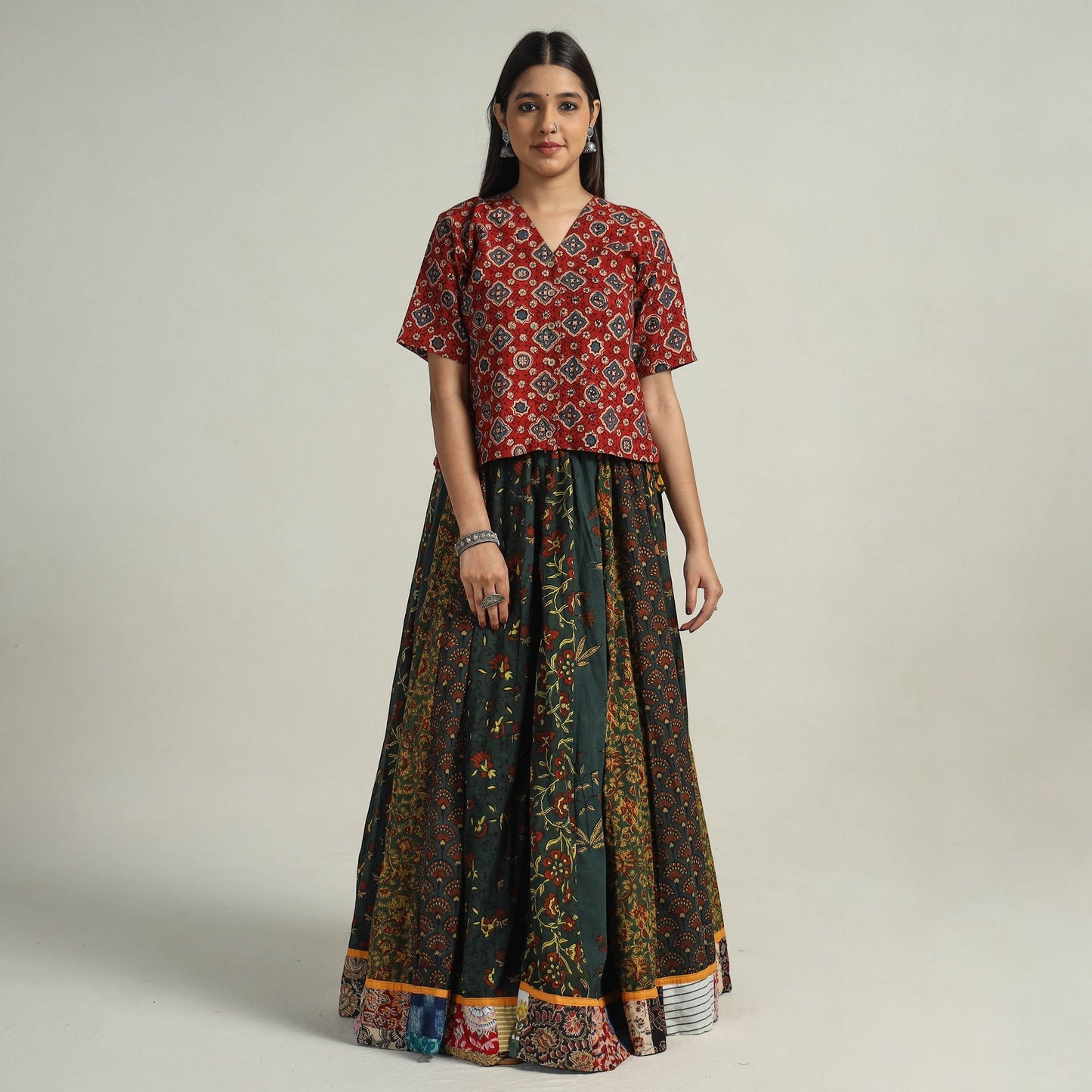 Green - kutch printed 24 kali cotton long skirt 05