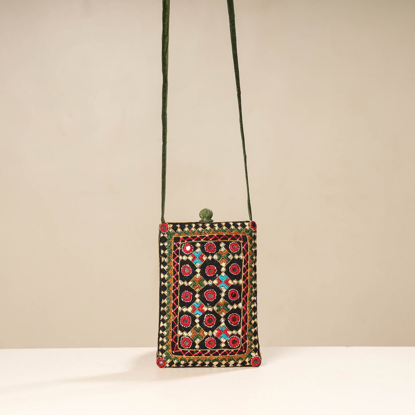 Green Kutch Neran Embroidery Mashru Silk Mobile Sling Bag