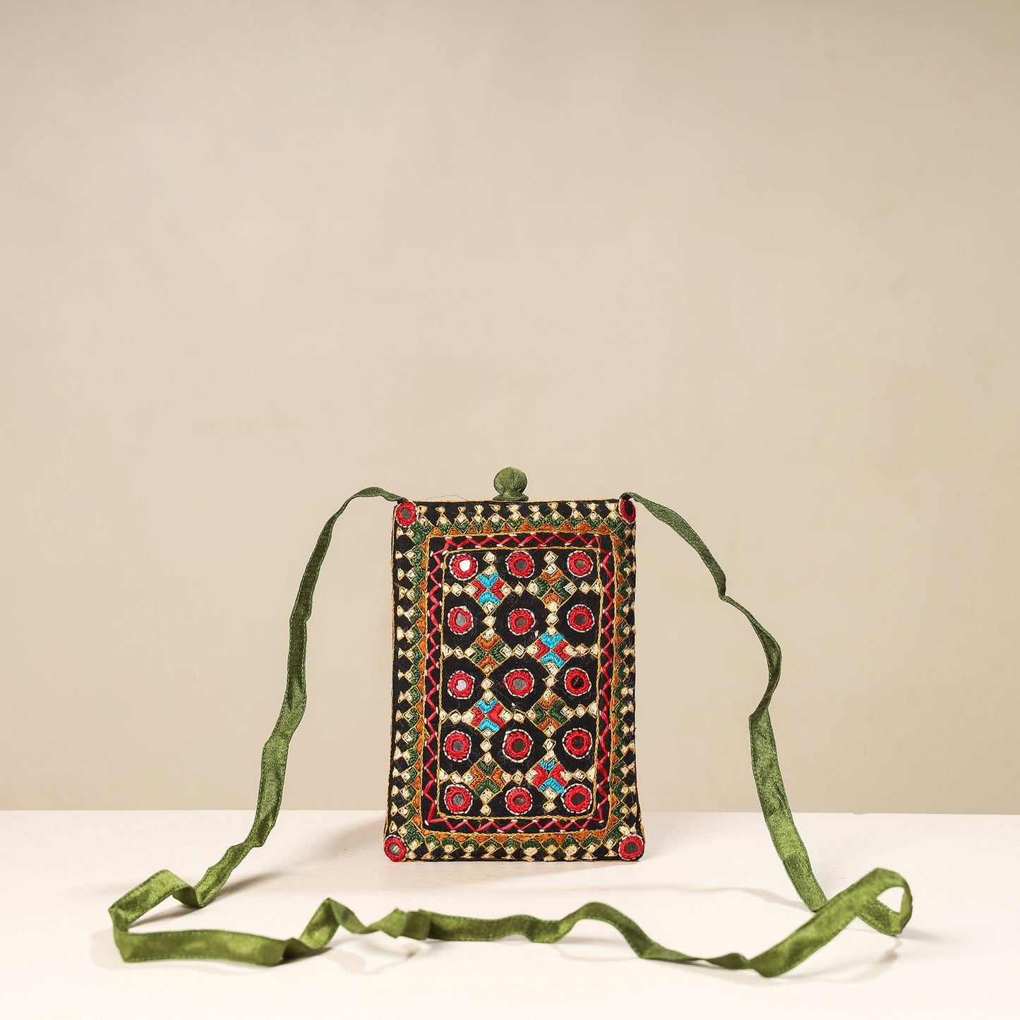 Green Kutch Neran Embroidery Mashru Silk Mobile Sling Bag