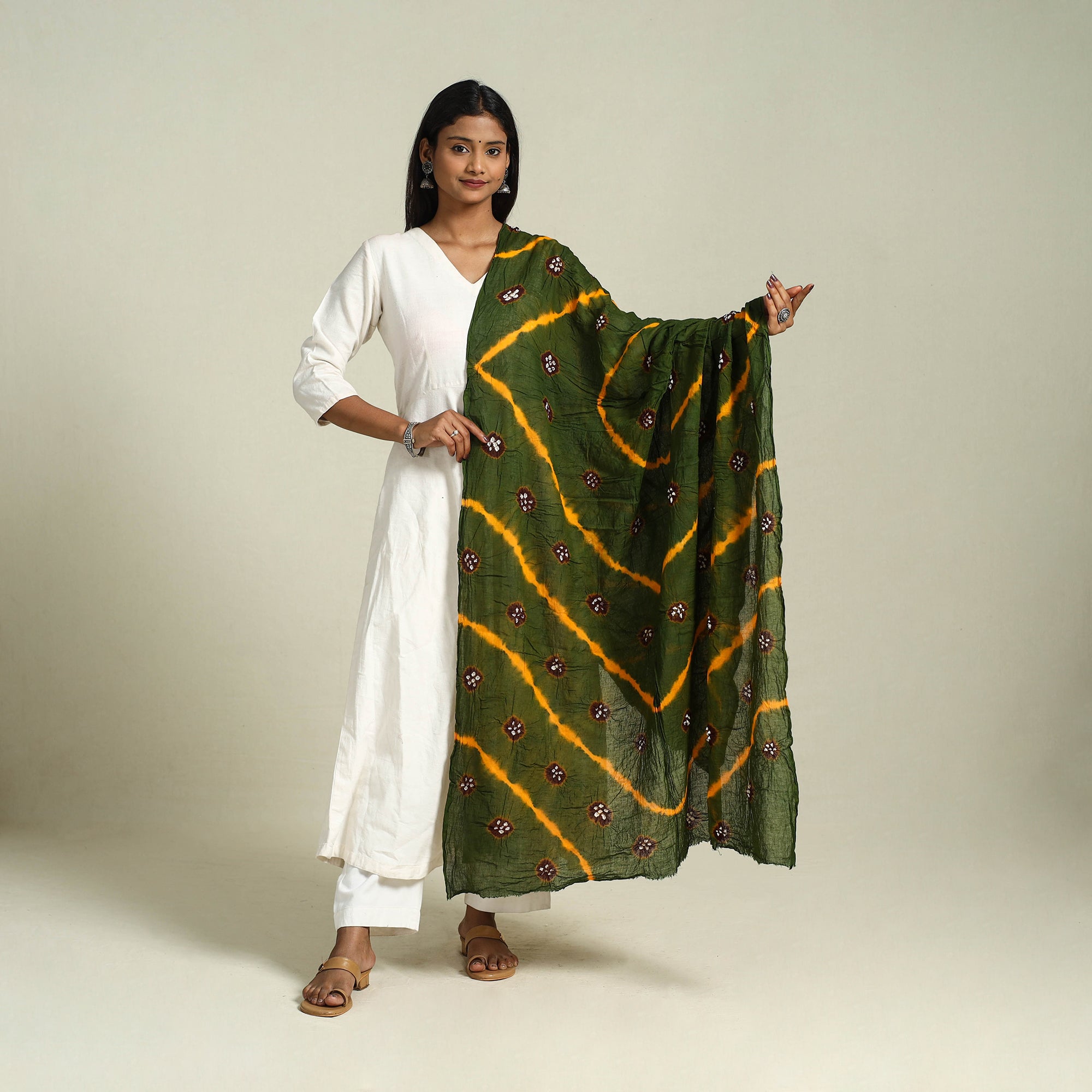 Green - Kutch Bandhani Tie-Dye Mul Cotton Precut Fabric (1.6 meter)