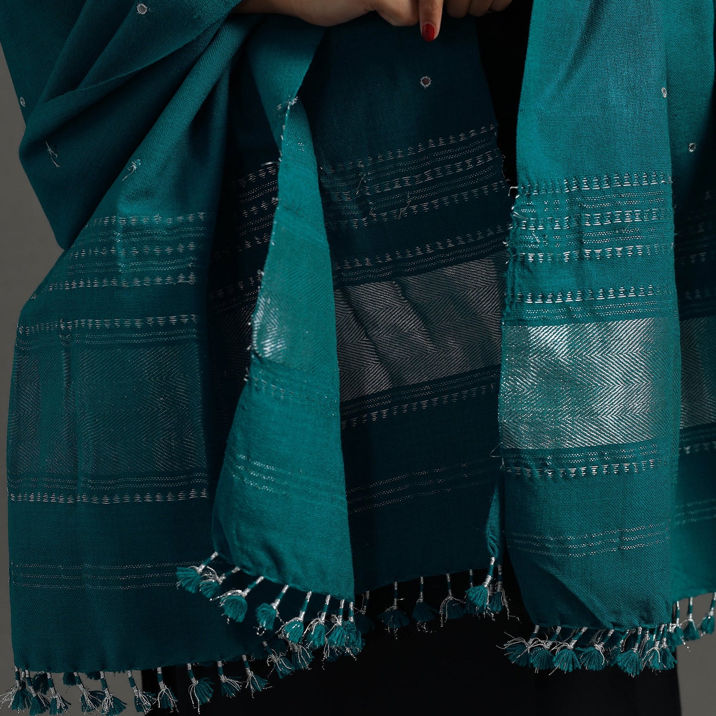 Green Kutch Zari Hand Embroidery Mirror Work Woollen Shawl