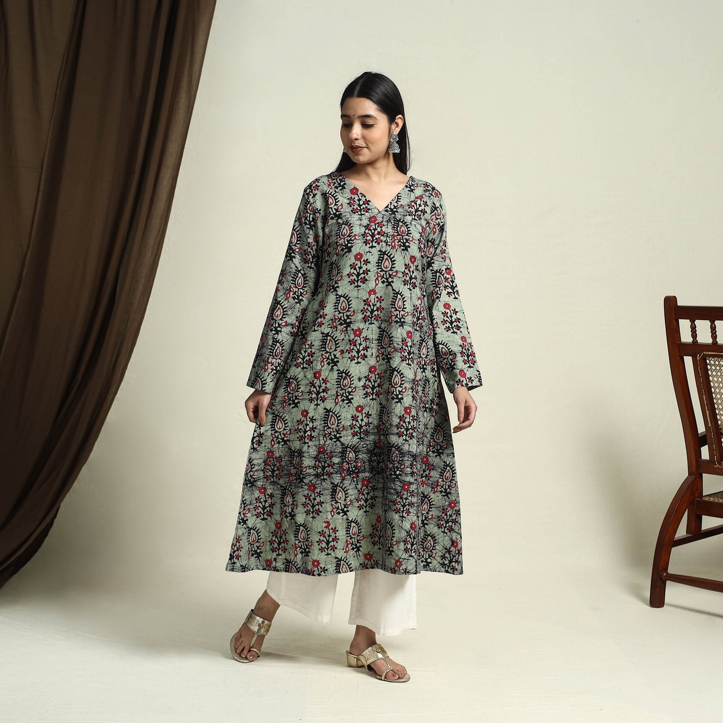 Green A-Line Batik Print Cotton Kurta for Women