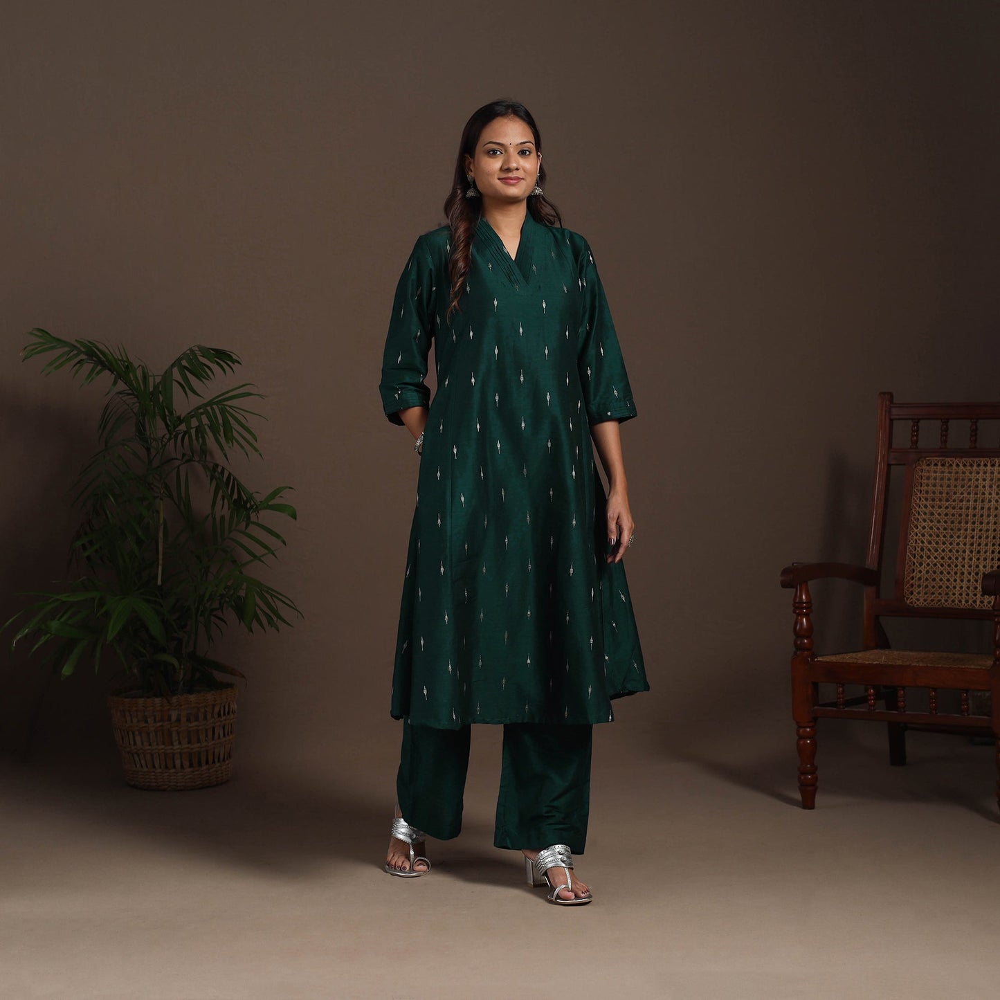 Green - a-line buti work spun dupion silk plain kurta set