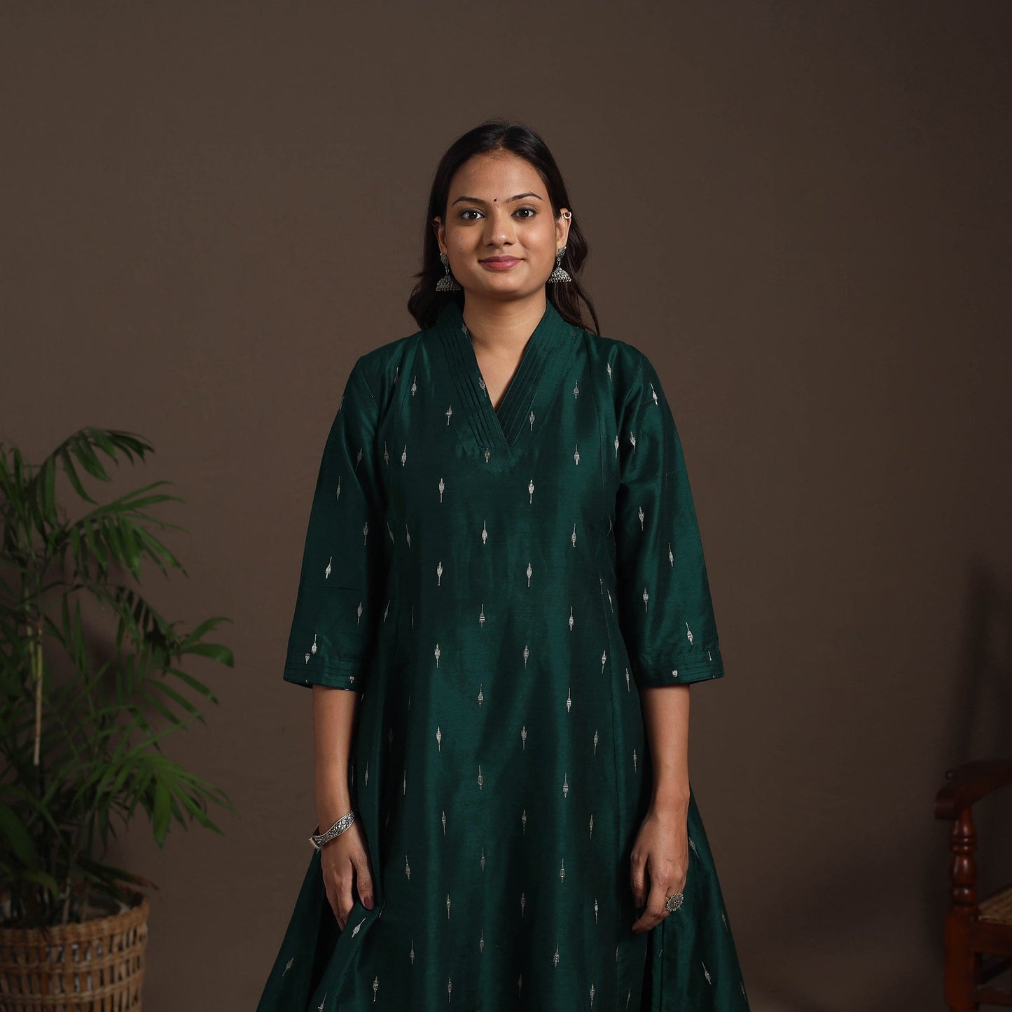 Green - a-line buti work spun dupion silk plain kurta set