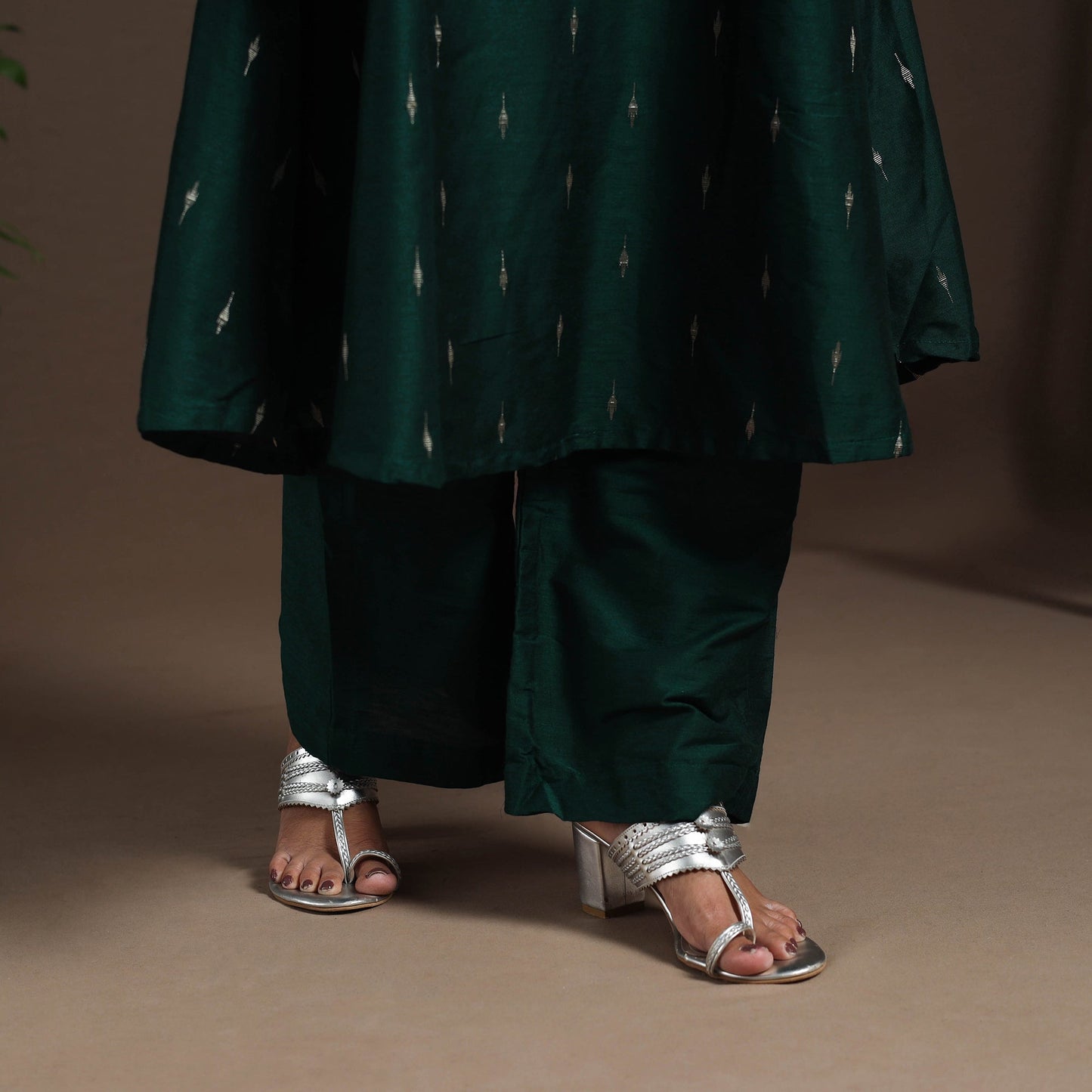 Green - a-line buti work spun dupion silk plain kurta set